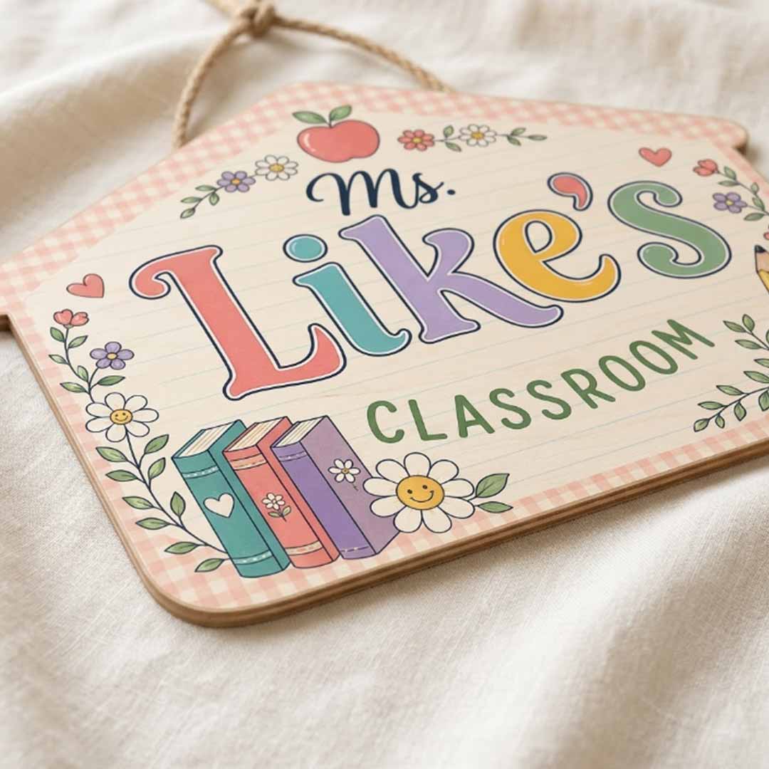 Personalized Teacher Name Wooden Sign Door Hanger Floral Schoolhouse Wooden Classroom Decor, Back to School Sign