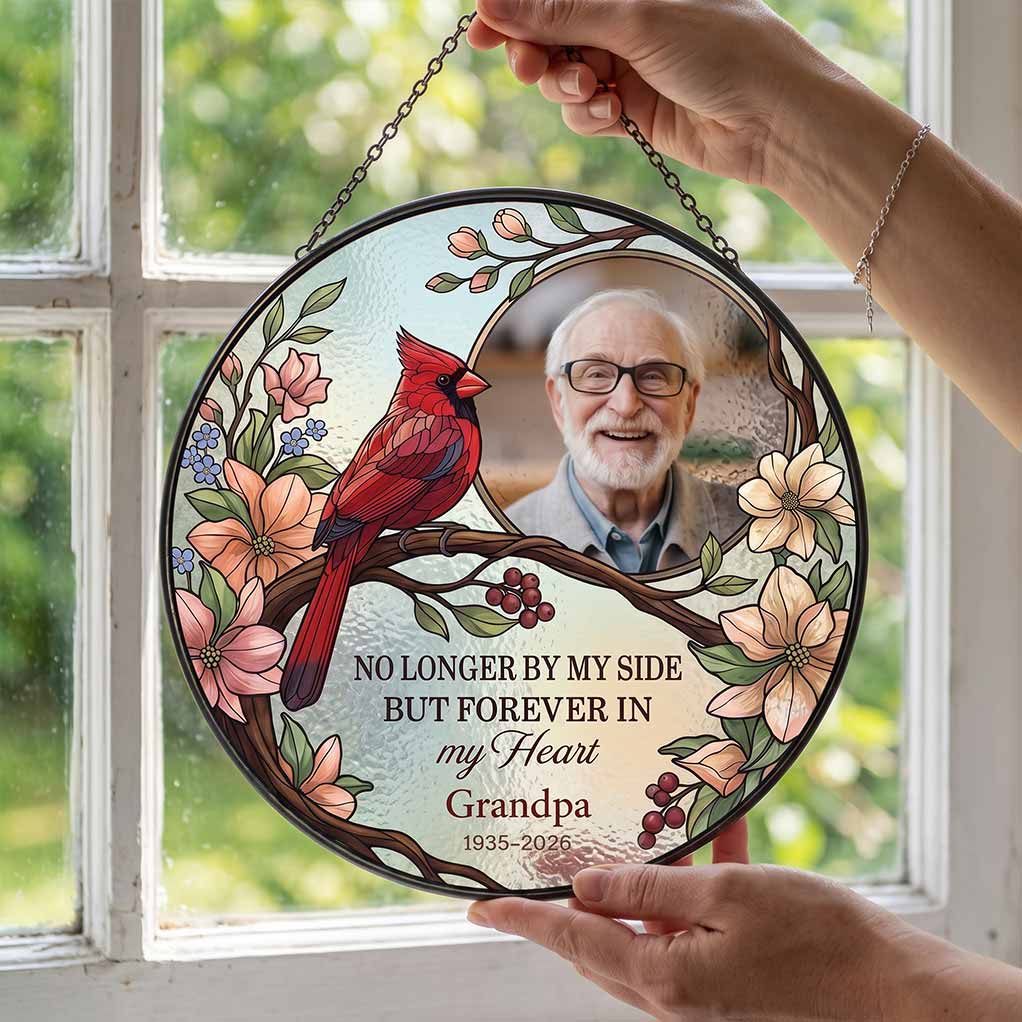 No Longer by My Side but Forever in My Heart 2026 Grandma Memorial Personalized Custom Name Date Photo Memorial Keepsake Stained Glass Suncatcher Ornament for Loss of Grandma