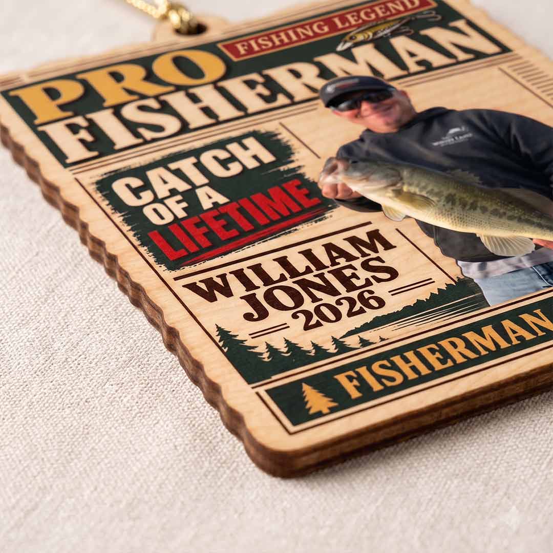 Fisherman Magazine Cover Fishing Keepsake Personalized Custom Name Date Photo Fishing 1-Layer Wooden Christmas Ornament for Dad Fishing Lovers Gift