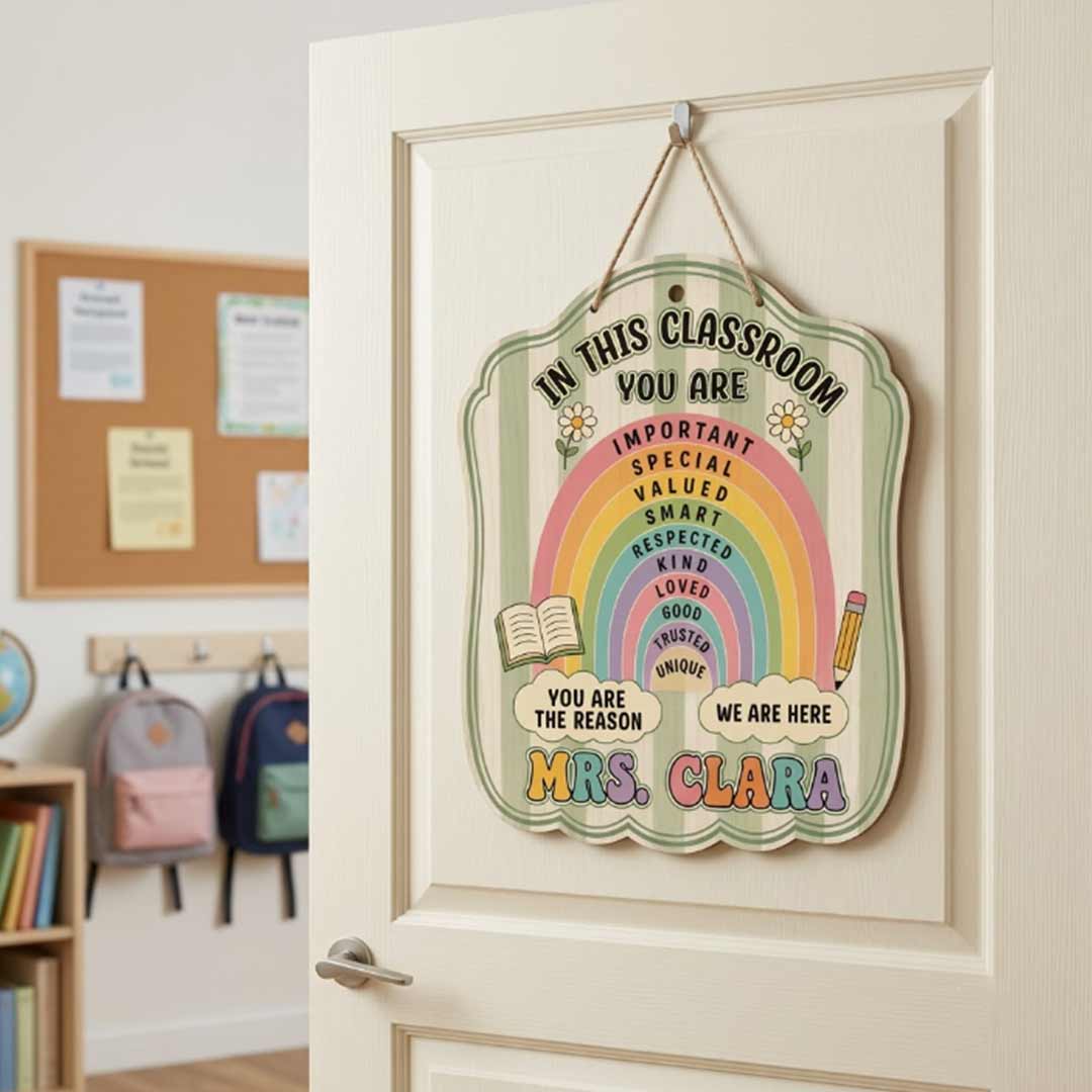 Personalized Teacher Name Wooden Sign Door Hanger Boho Rainbow Classroom Sign Wooden Classroom Decor, Back to School Sign