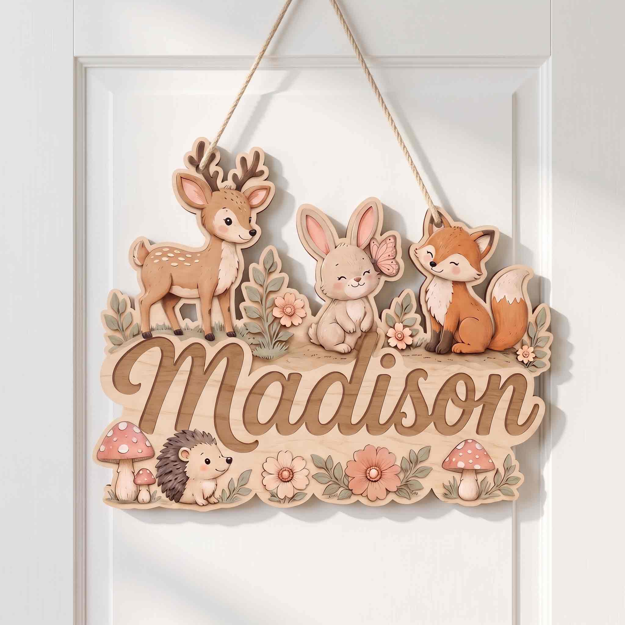 Personalized Forest Animals Nursery Name Wooden Sign