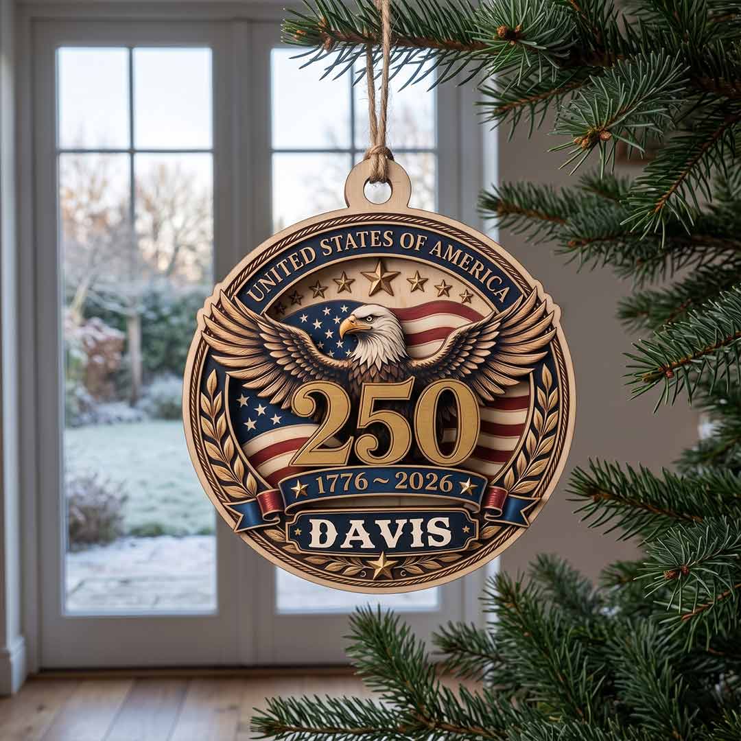 Freedom 250 America's 250th Patriotic Heritage American Pride Personalized Custom Name Patriotic Keepsake 1-Layer Wooden Christmas Ornament for Patriots Gift