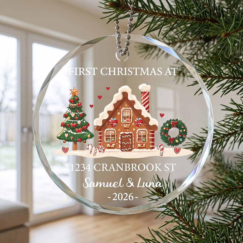 First Christmas at Our New Home 2026 Housewarming Keepsake Personalized Custom Name Date New Home Round Glass Christmas Ornament for New Homeowners