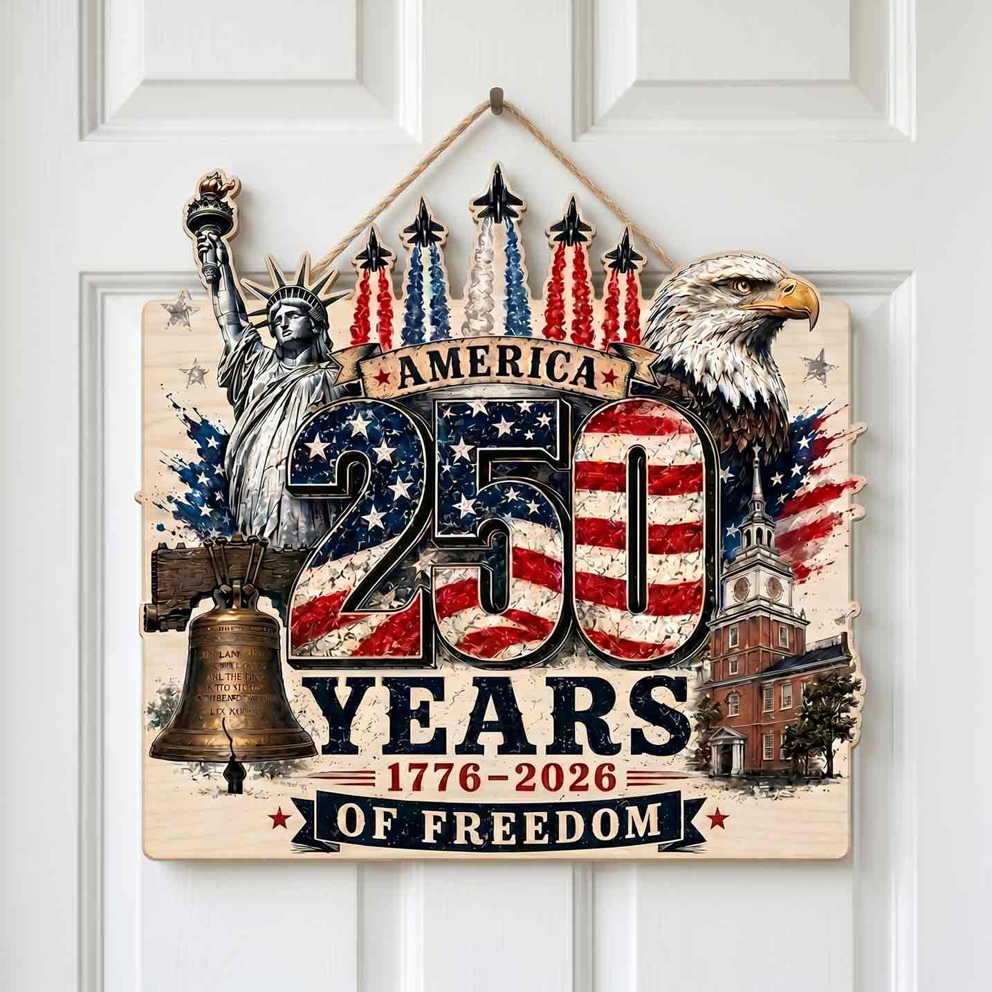 America 250 Years of Freedom 1776-2026 Statue of Liberty Bald Eagle Liberty Bell Patriotic Wooden Sign