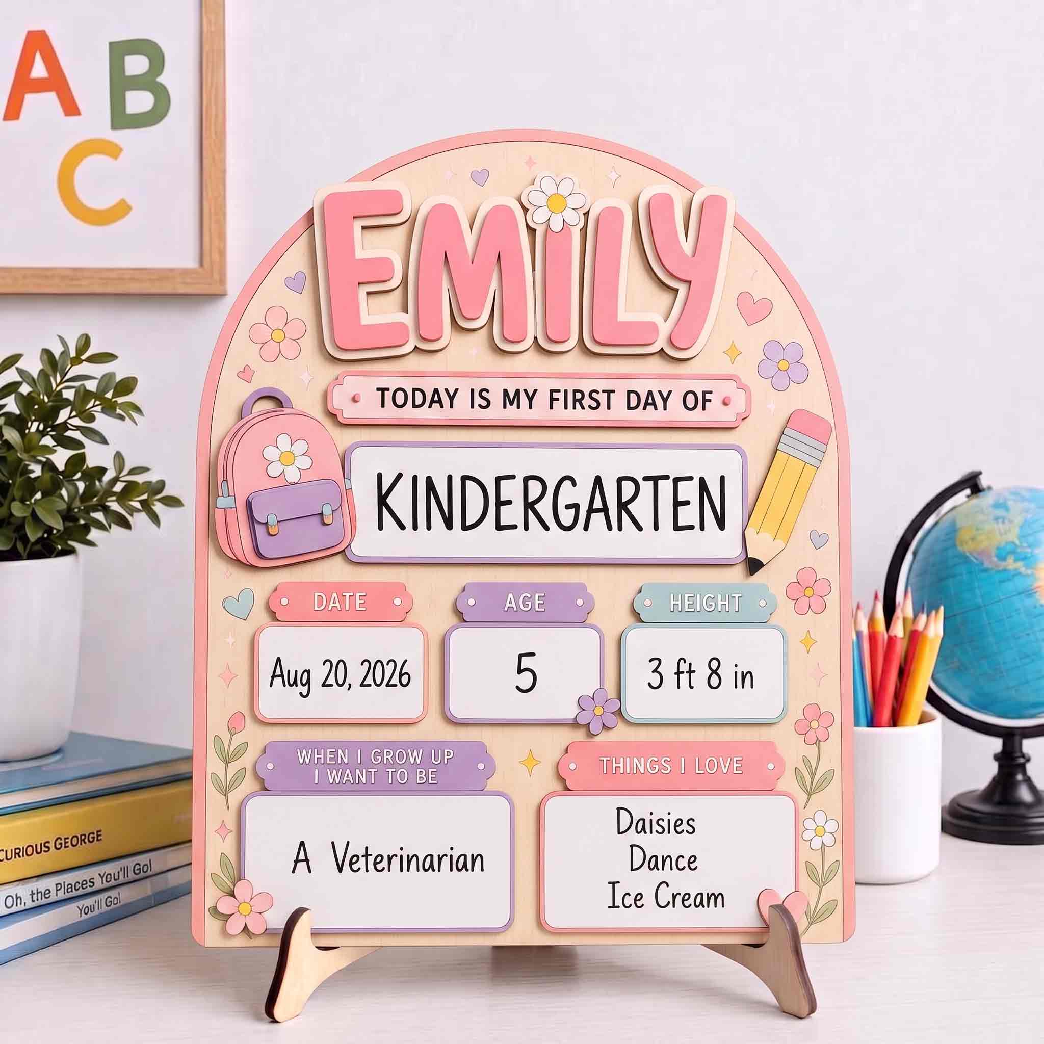 Personalized Flower Backpack First Day School Board, Reusable Dry Erase Board, Back to School Sign