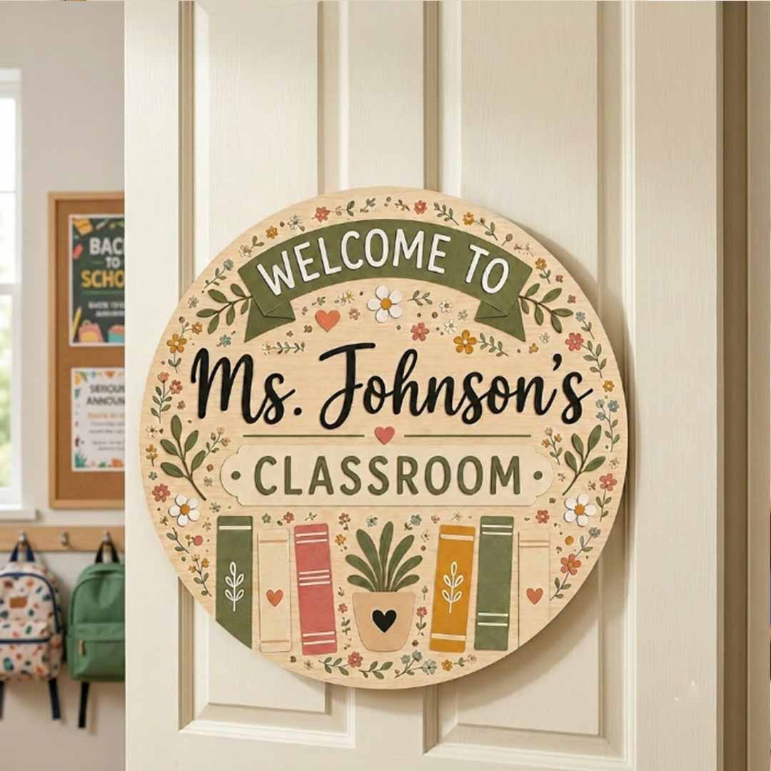 Personalized Teacher Name Wooden Sign Door Hanger Wildflower Classroom Wooden Classroom Decor, Back to School Sign