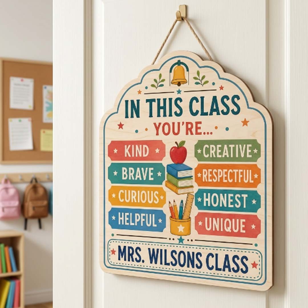 Personalized Teacher Name Wooden Sign Door Hanger Classroom Golden Rule Wooden Classroom Decor, Back to School Sign