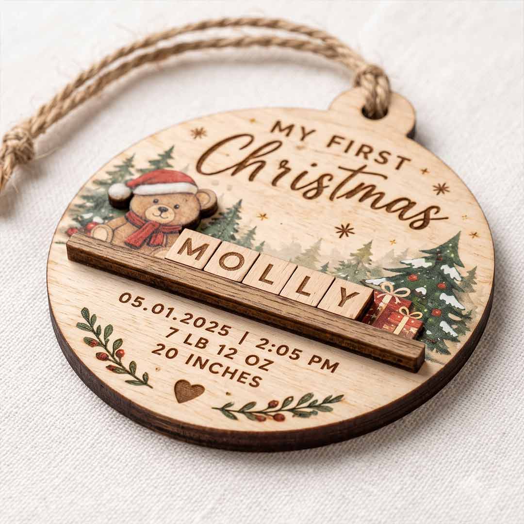 My First Christmas Teddy Bear Personalized Custom Name Date Newborn 2-Layer Wooden Christmas Ornament Baby's First Christmas Keepsake for New Parents