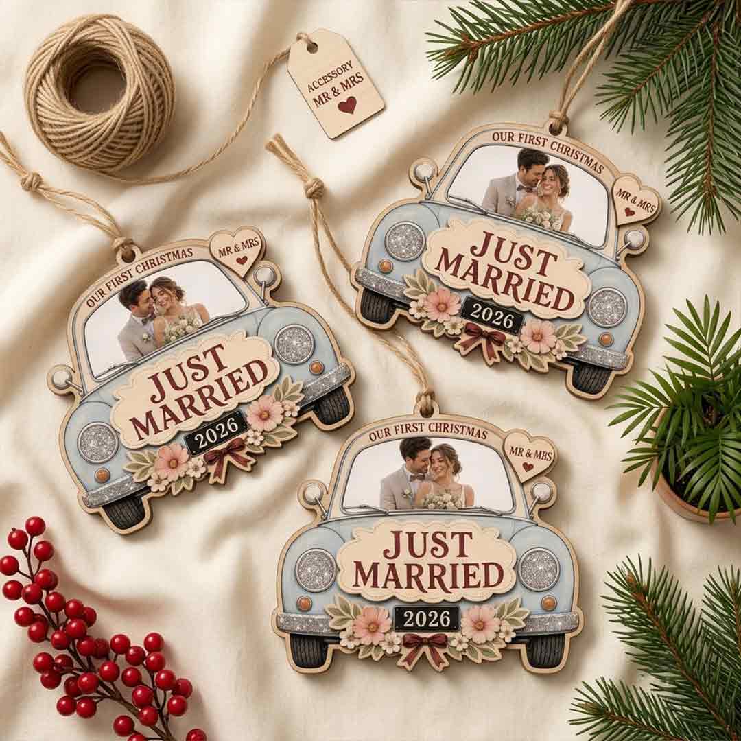Just Married Wedding Car Personalized Custom Name Date Photo Wedding 2-Layer Wooden Christmas Ornament Newlywed Wedding Gift