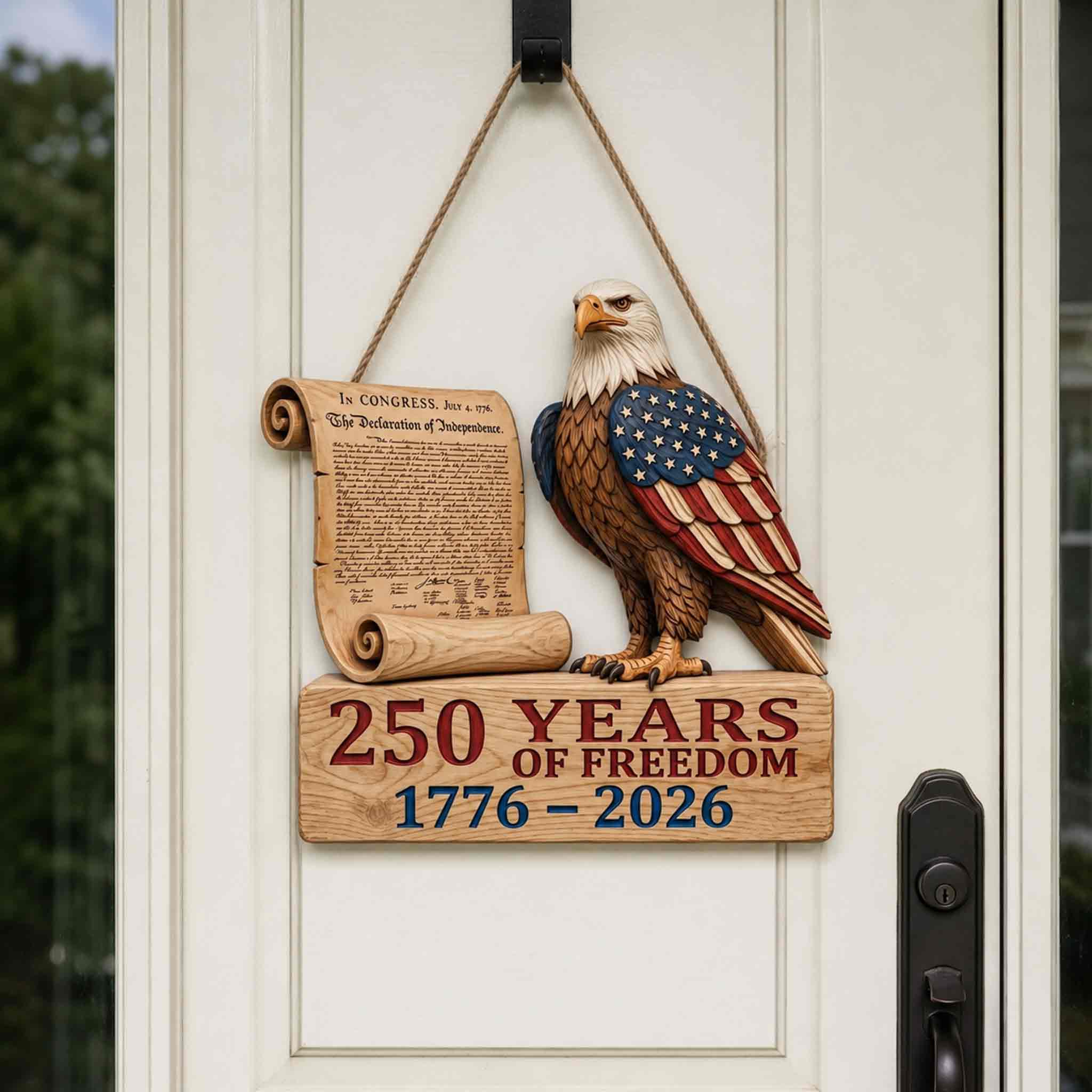America 250 Wooden Sign Featuring the Declaration of Independence and Bald Eagle