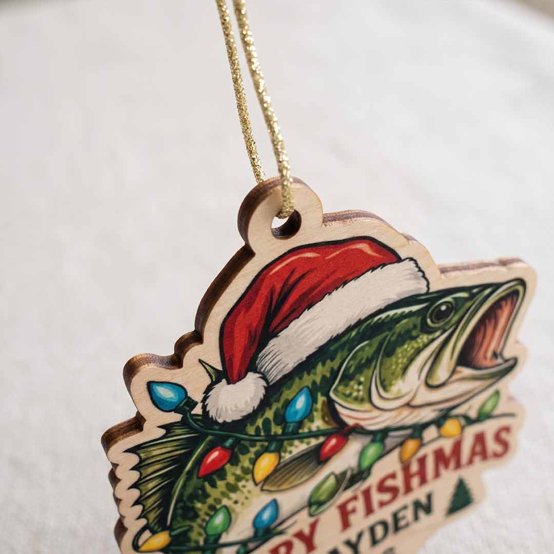 Merry Fishmas Christmas Lights Fisherman Holiday Keepsake Personalized Custom Name Date Fishing 1-Layer Wooden Christmas Ornament for Fishing Lovers