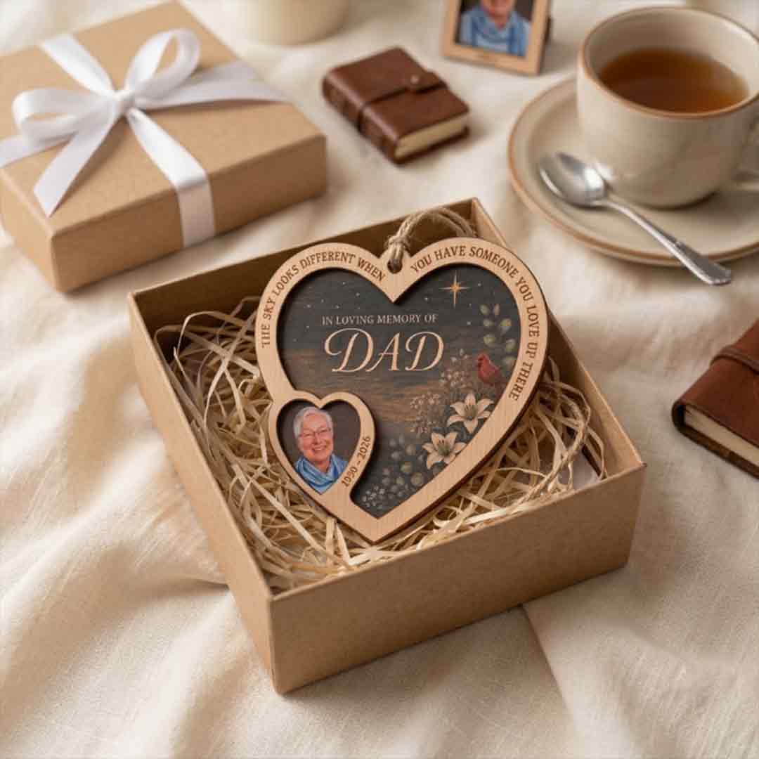In Loving Memory Dad Heart Photo Personalized Custom Name Date Photo Memorial 2-Layer Wooden Christmas Ornament Remembrance Gift for Loss of Dad