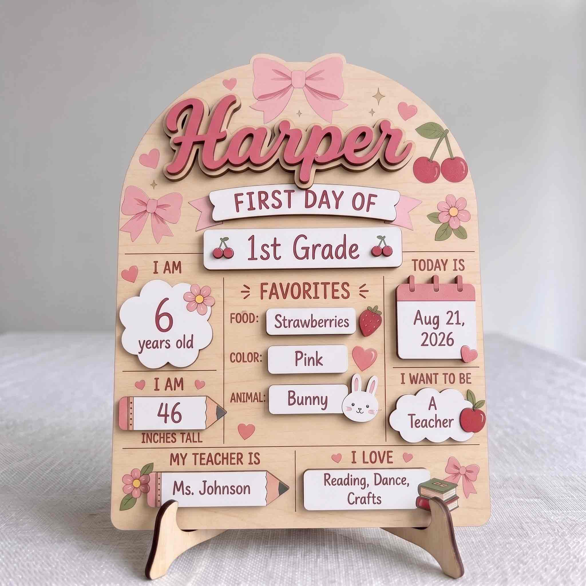 Personalized Pink Bow First Day School Board, Reusable Dry Erase Board, Back to School Sign