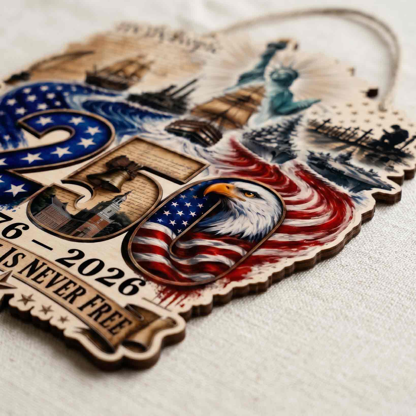 Freedom Is Never Free America 250th Anniversary Eagle Heritage Wooden Sign