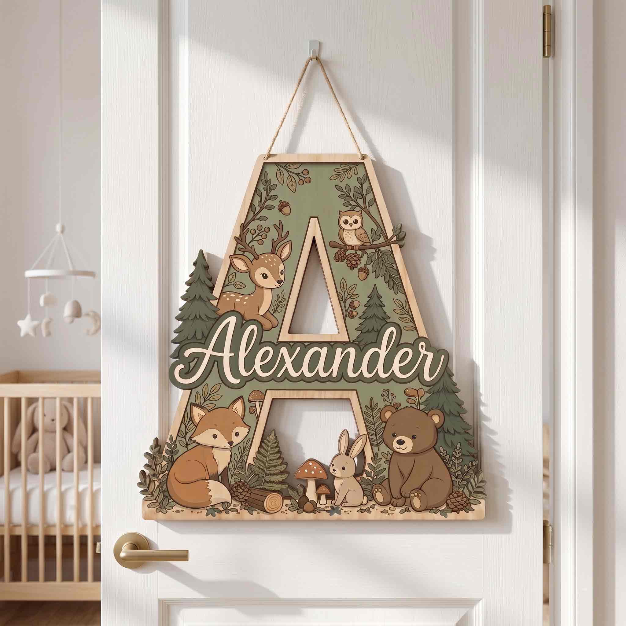 Personalized Woodland Animals Nursery Name Sign Wooden Baby Room Decor