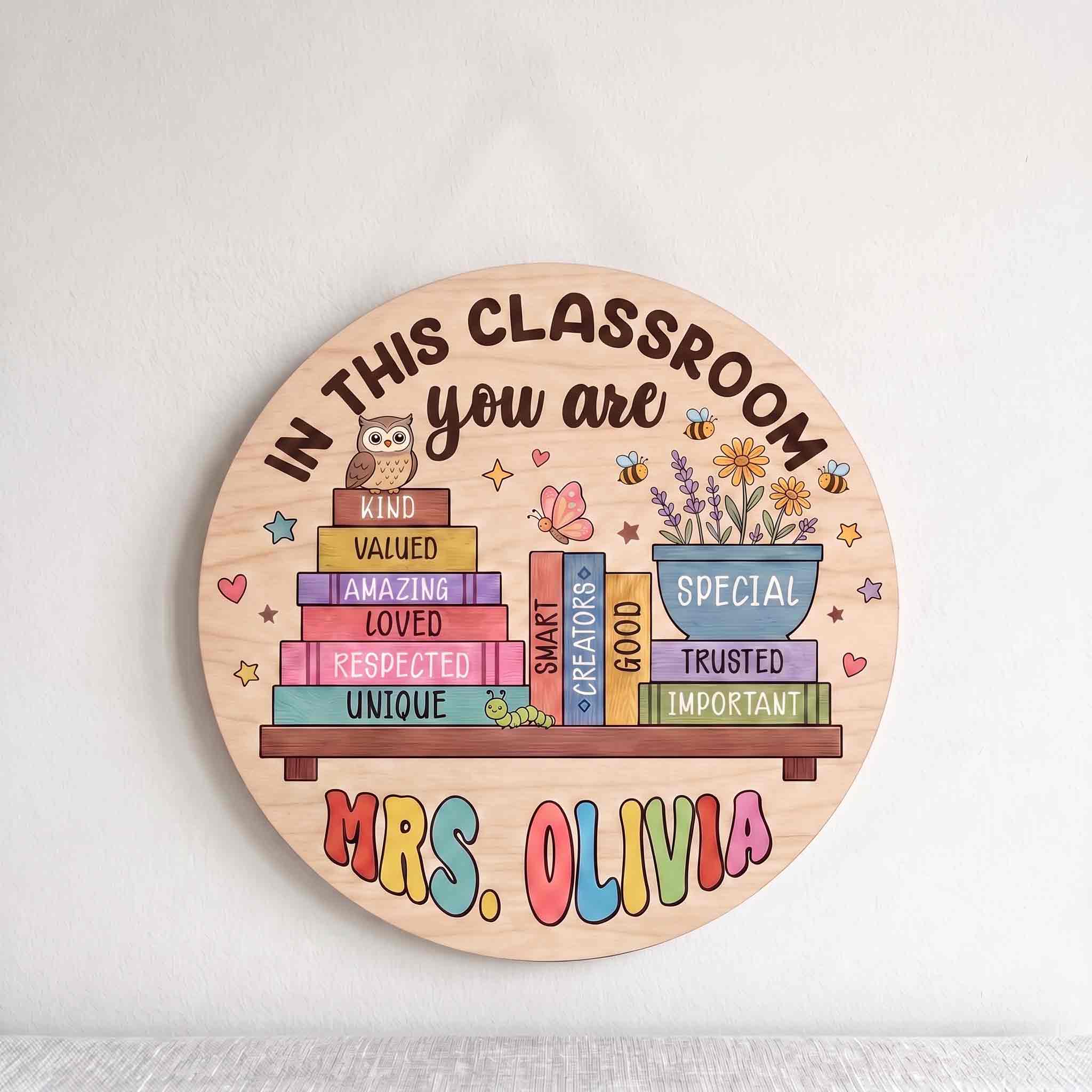Personalized In This Classroom You Are Welcome Sign, Custom Teacher Classroom Door Decor with Inspirational Book Stack Wooden School Sign