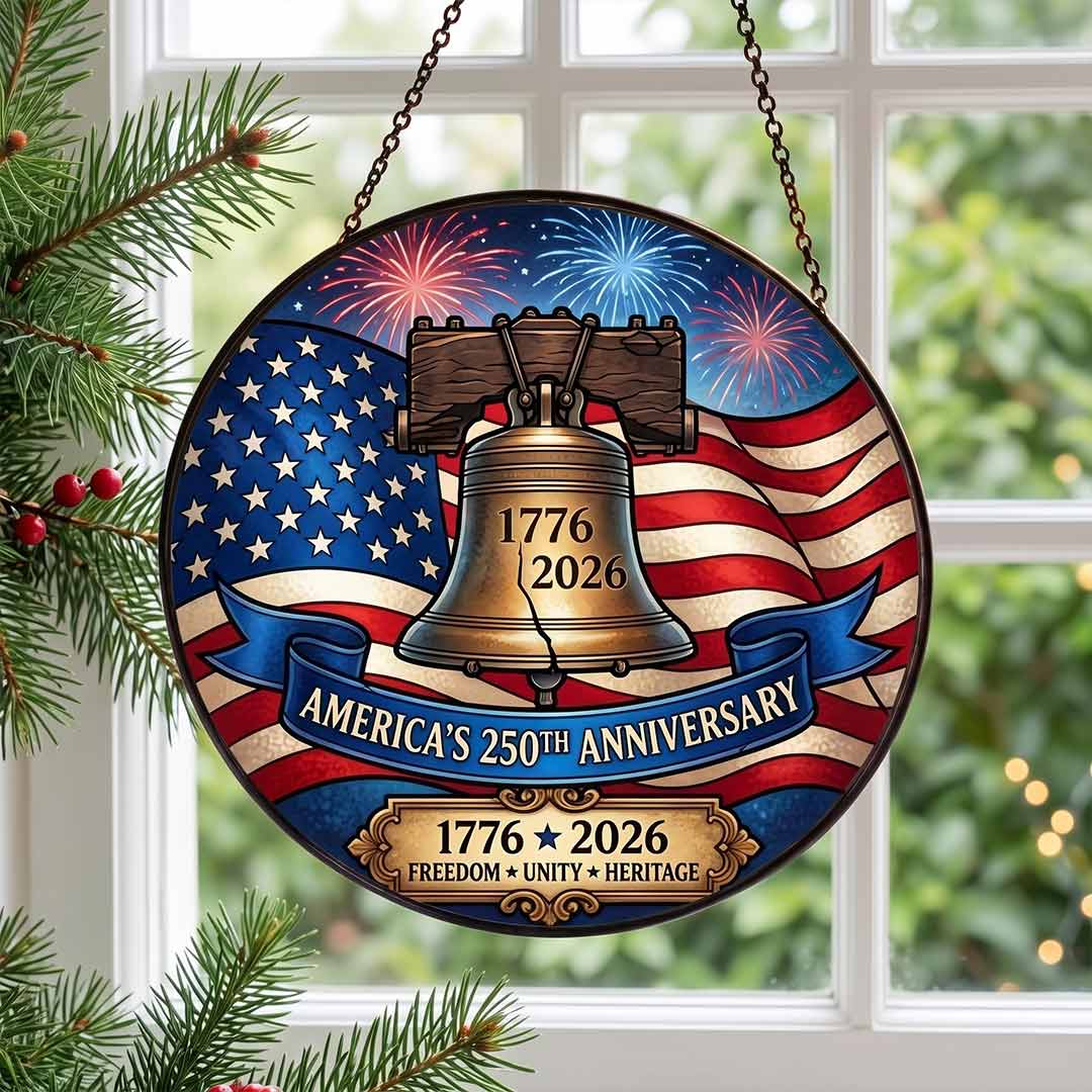 America's 250th Liberty Bell 1776-2026 Freedom Unity Heritage Patriotic Stained Glass Suncatcher Christmas Ornament