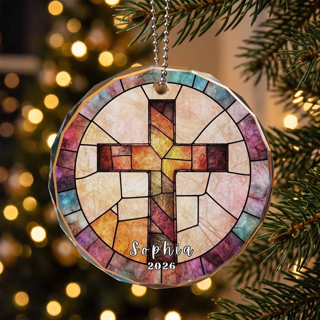 Christian Cross Religious Faith Personalized Custom Name Date Religious Keepsake Nativity Round Glass Christmas Ornament