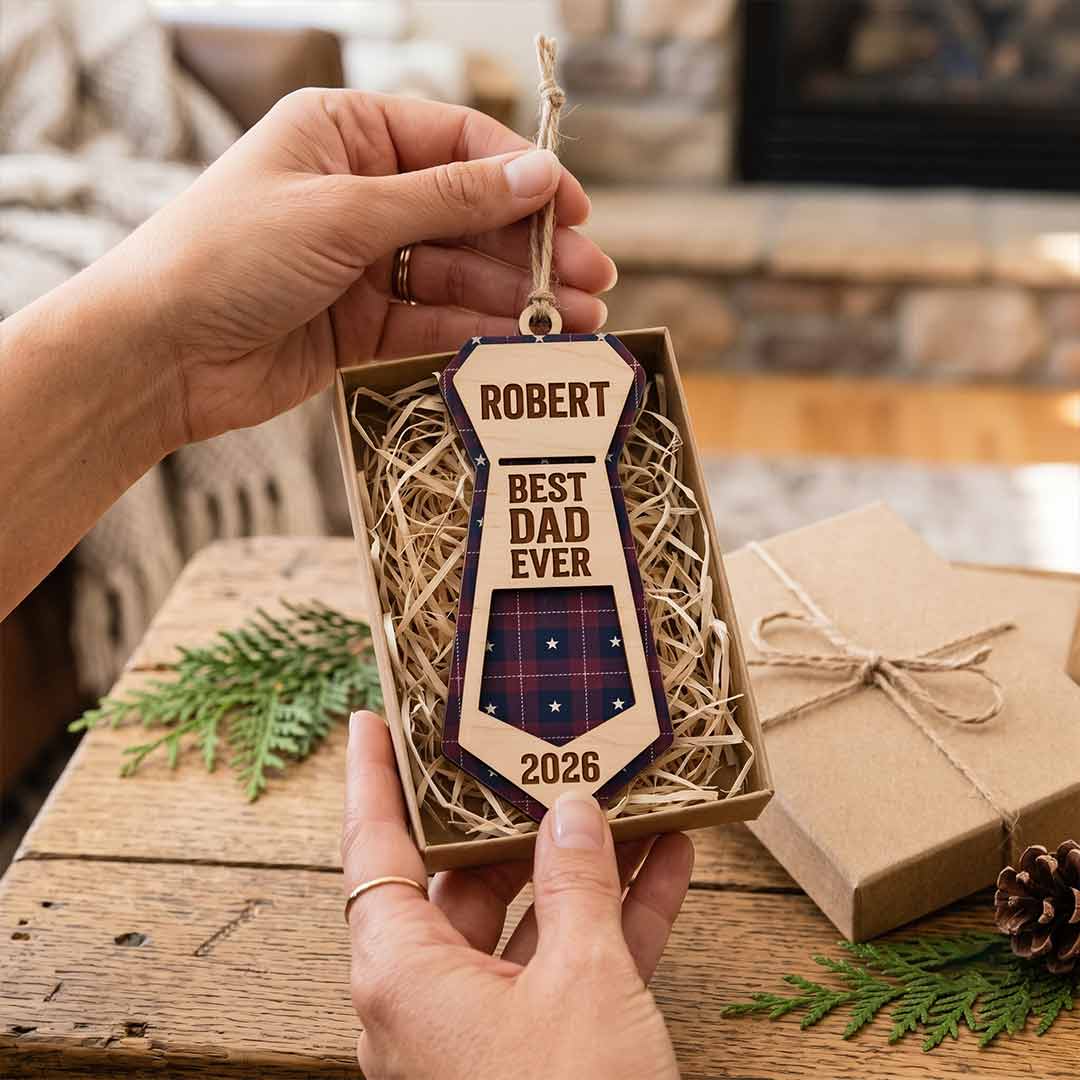 Best Dad Ever Necktie Father Keepsake Personalized Custom Name Family 1-Layer Wooden Christmas Ornament for Dad Gift