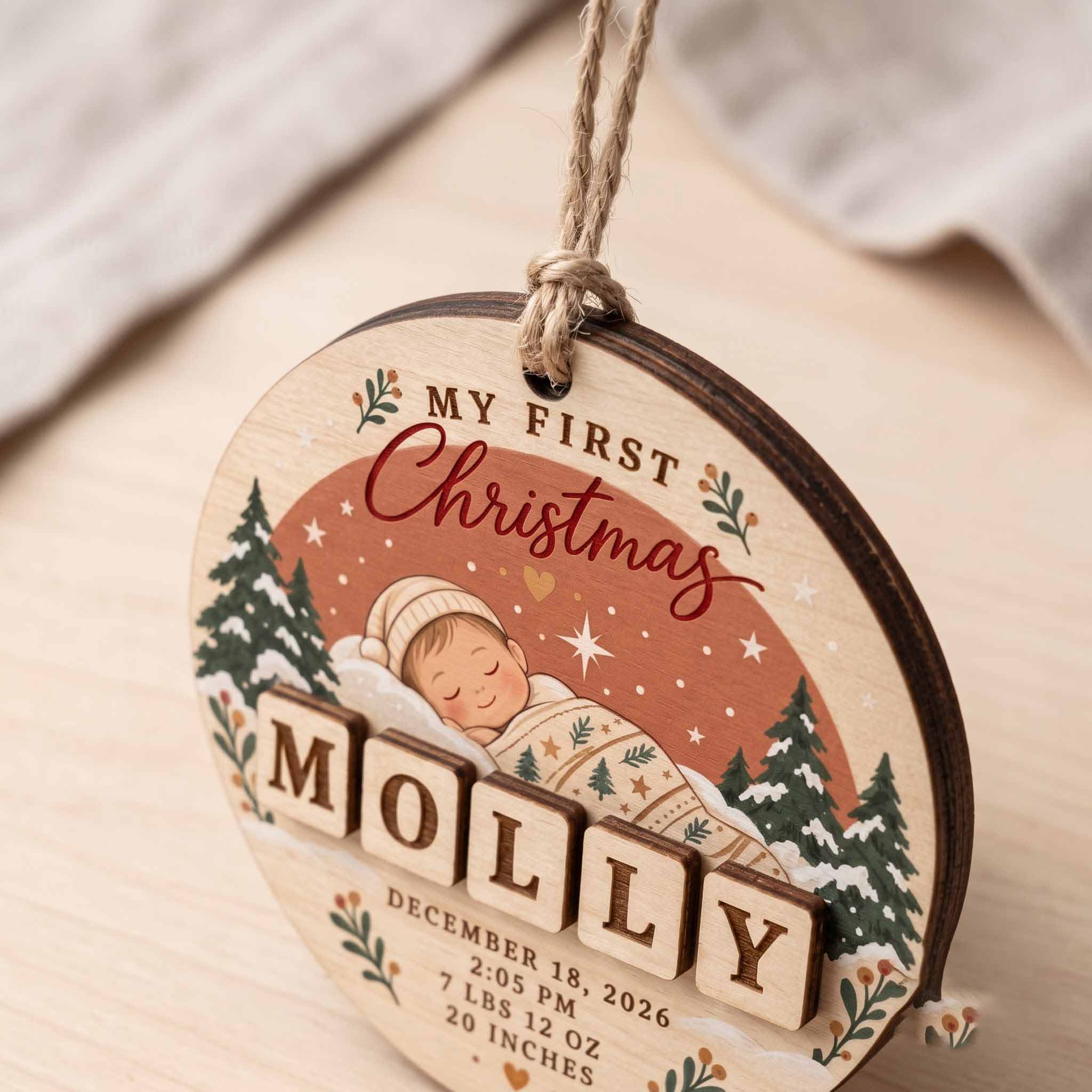 My First Christmas Baby Birth Stats Custom Name Date Newborn Baby Keepsake Wooden Christmas Ornament