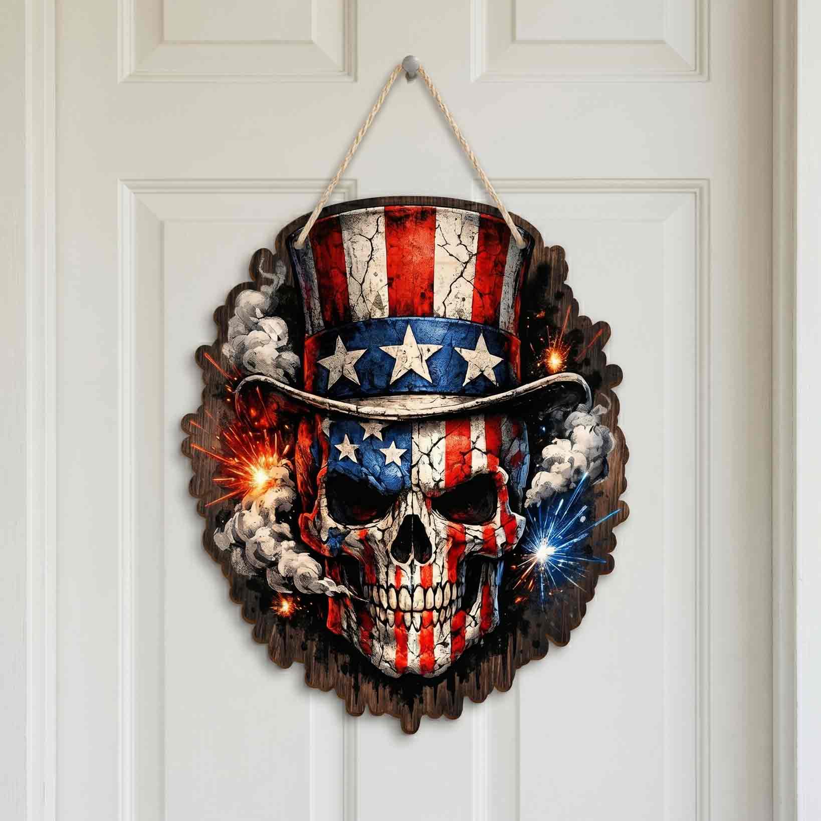 America 250 Independence Day Skull Patriotic Decor Wooden Sign