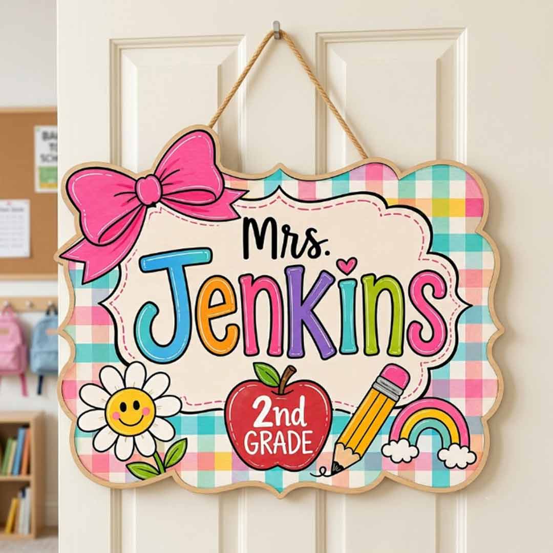 Personalized Teacher Name Wooden Sign Door Hanger Playful Welcome Classroom Sign Wooden Classroom Decor, Back to School Sign