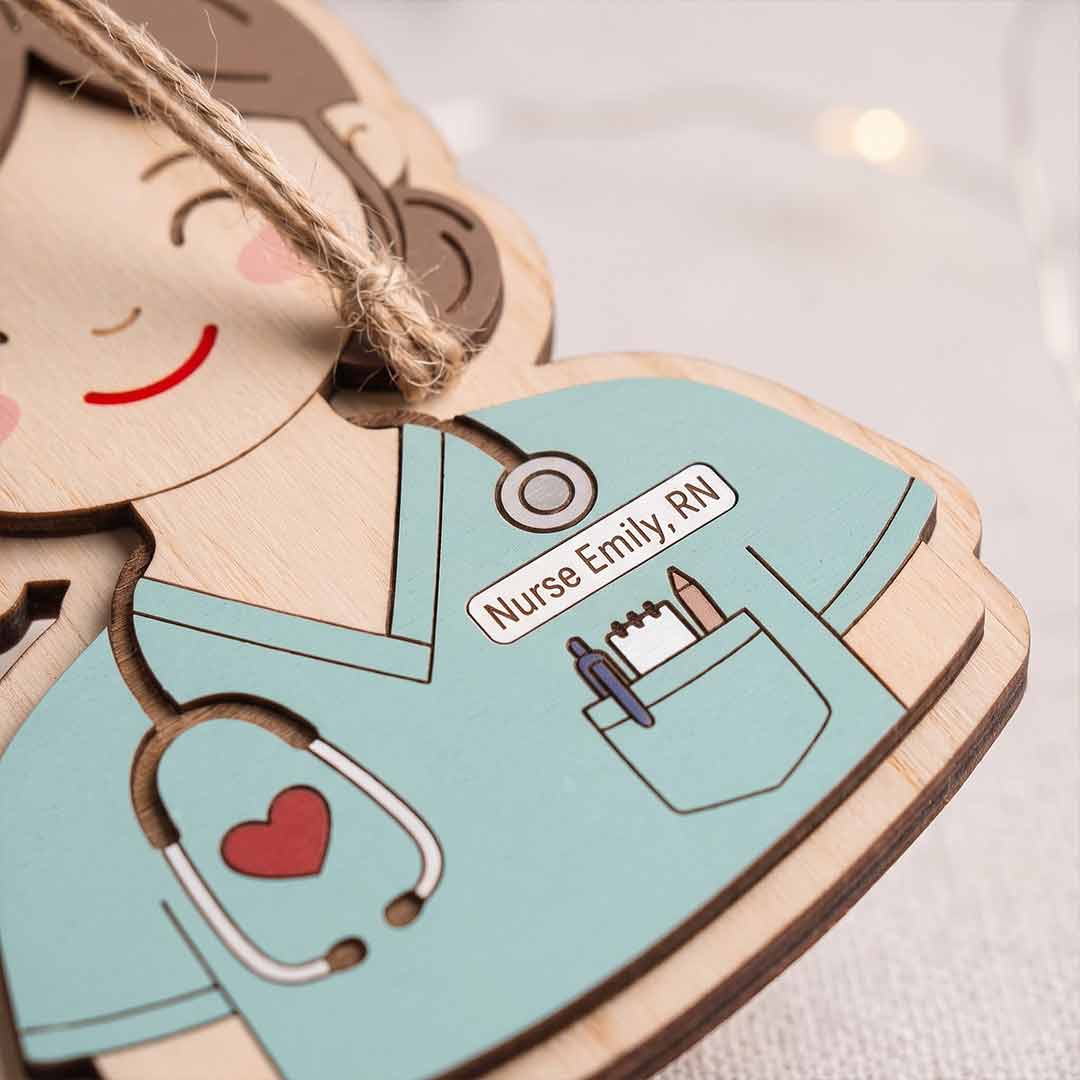 Nurse Portrait Personalized Custom Name Nurse 2-Layer Wooden Christmas Ornament Nurse Appreciation Christmas Gift