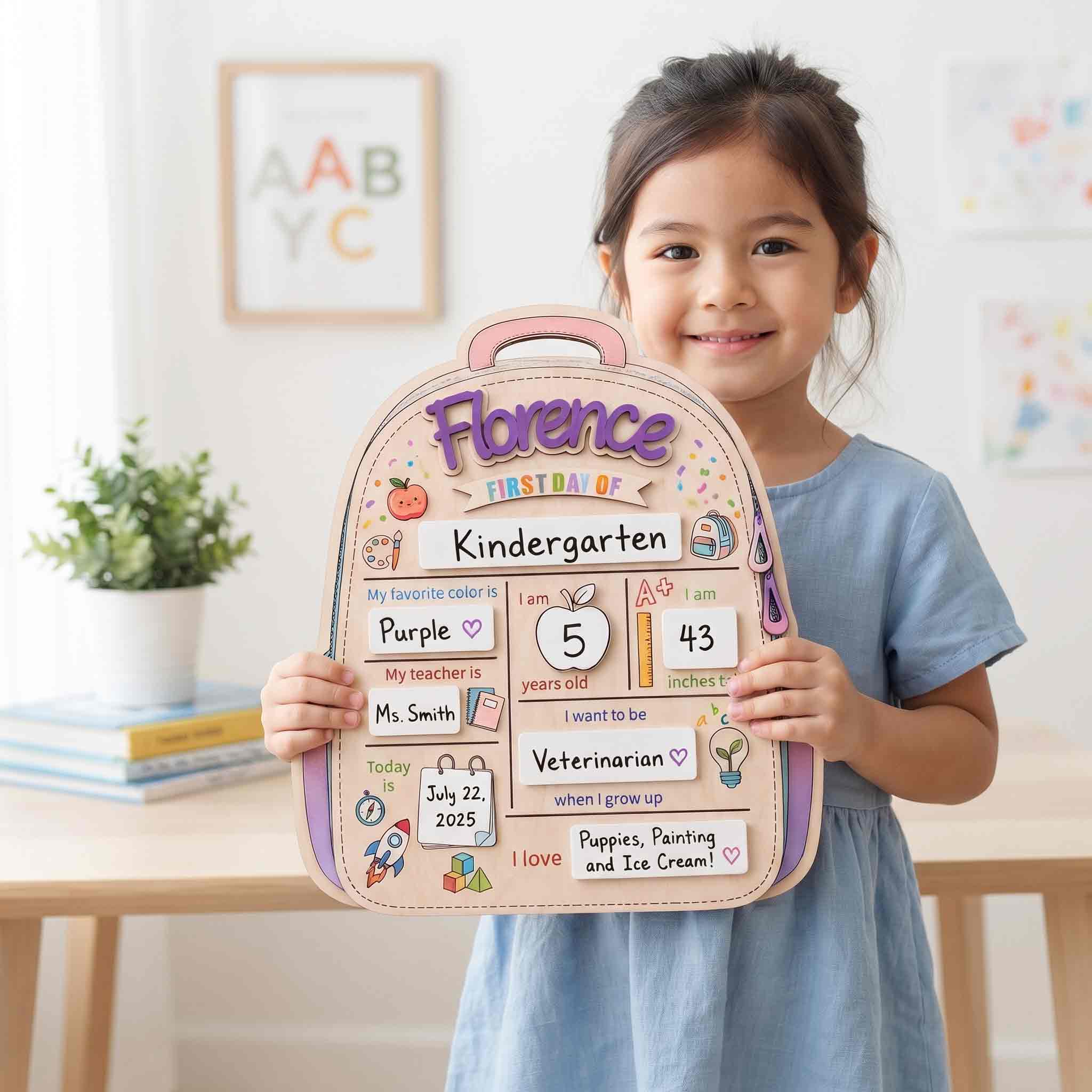 Personalized Purple Backpack First & Last Day School Sign, Reusable Dry Erase Board, Back to School Sign