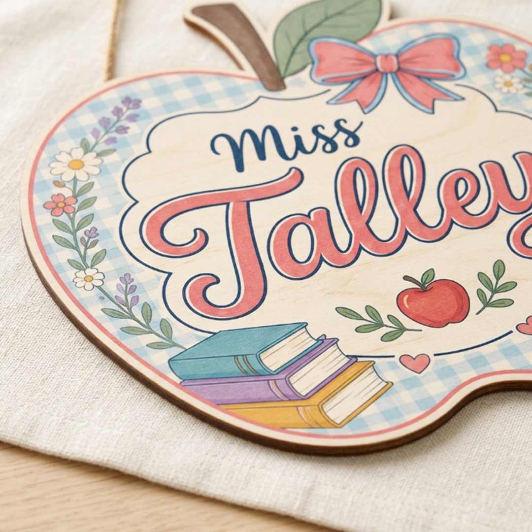 Personalized Teacher Name Wooden Sign Door Hanger Apple Style Classroom Sign Wooden Classroom Decor, Back to School Sign