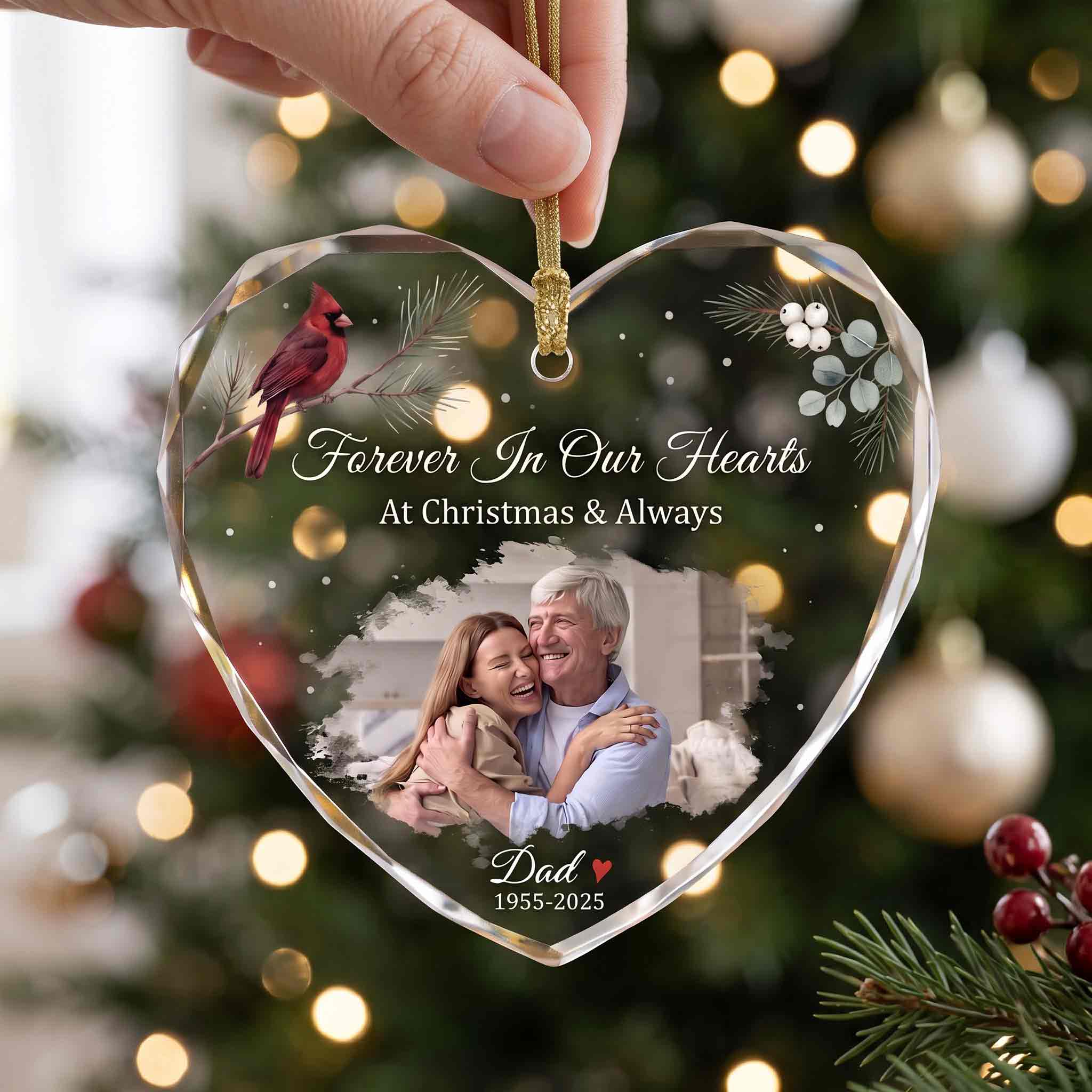 Memorial Dad Cardinal Winter Sprig Personalized Memorial Custom Name Date Photo In Loving Memory Gift Heart Glass Christmas Ornament
