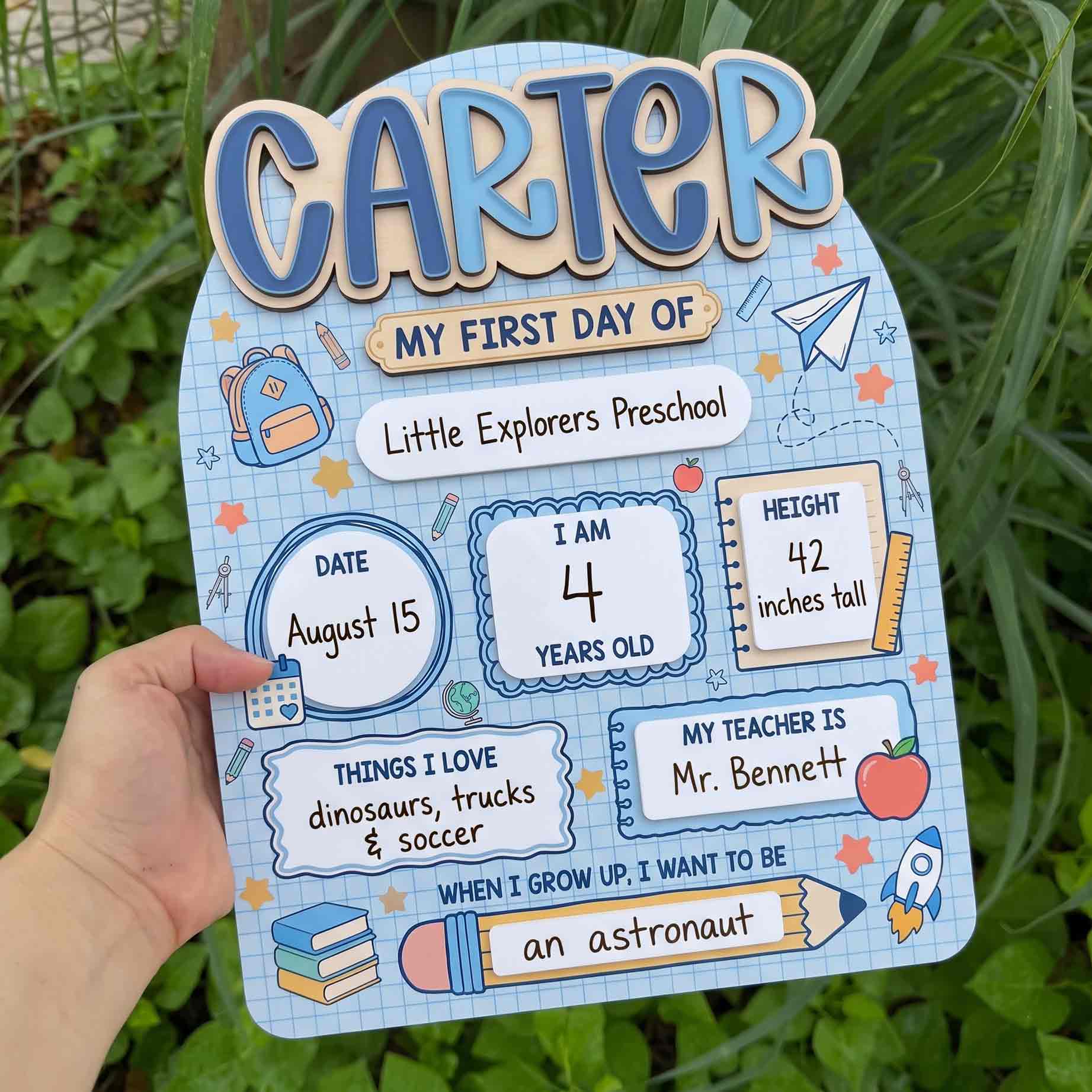 Personalized Blue Explorer School First & Last Day School Sign, Reusable Dry Erase Board, Back to School Sign