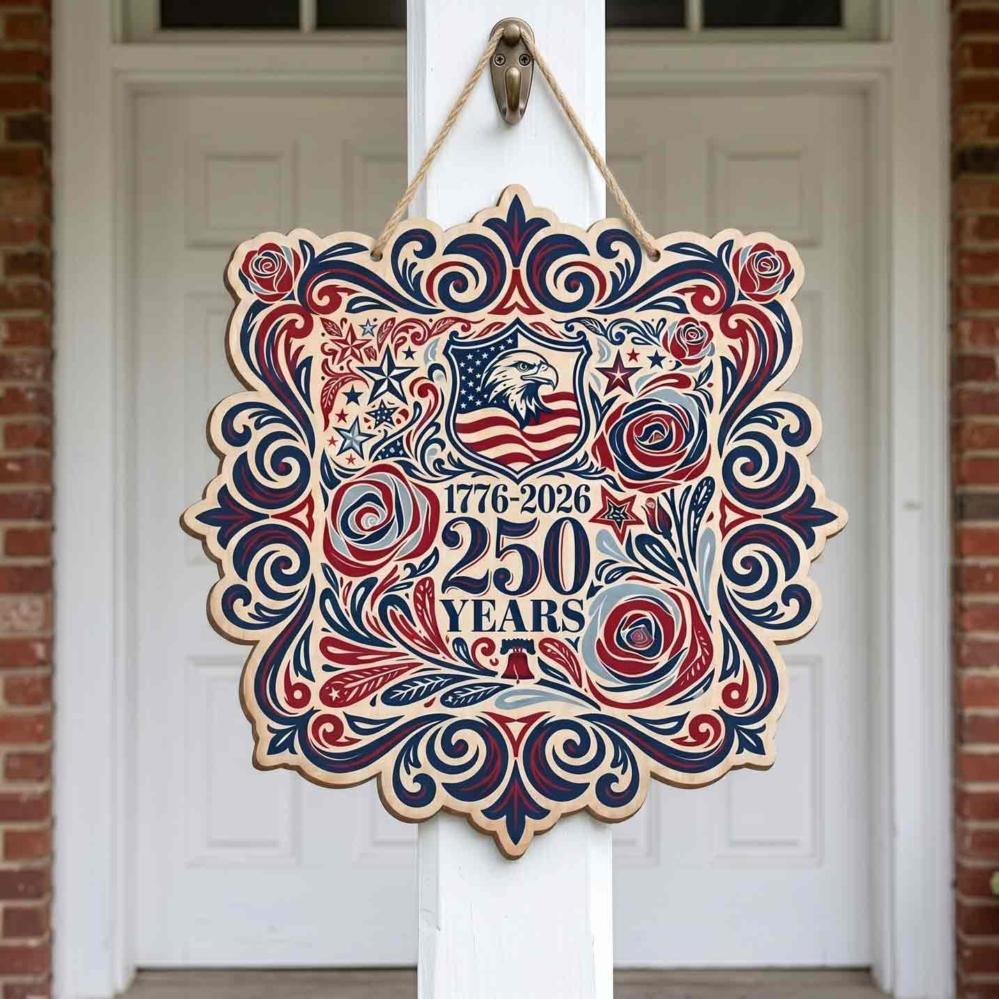 America 250th Anniversary Retro Floral USA Patriotic Wooden Sign