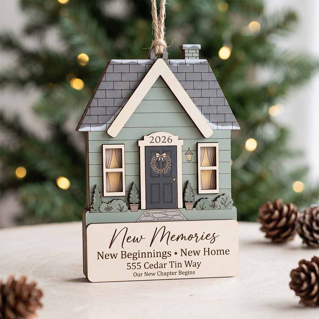 New Home House Wreath Personalized New Home Custom Address Wooden Christmas Ornament