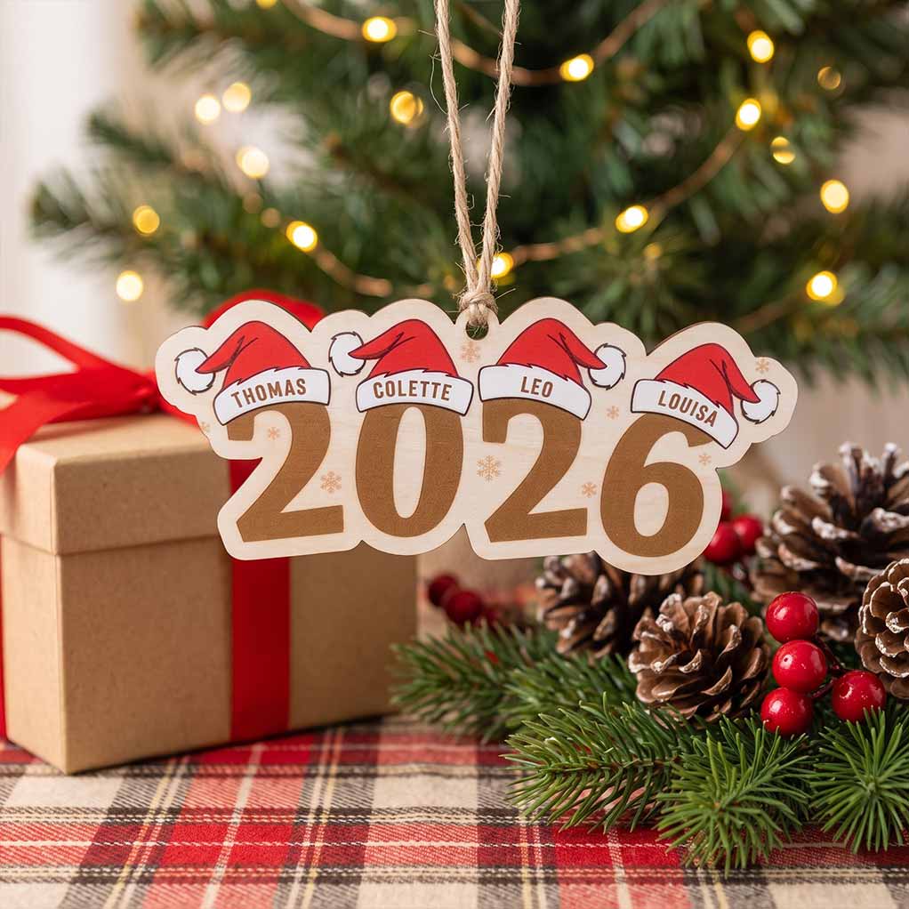 2026 Santa Hat Family Holiday Keepsake Personalized Custom Name Family 1-Layer Wooden Christmas Ornament for Family Members