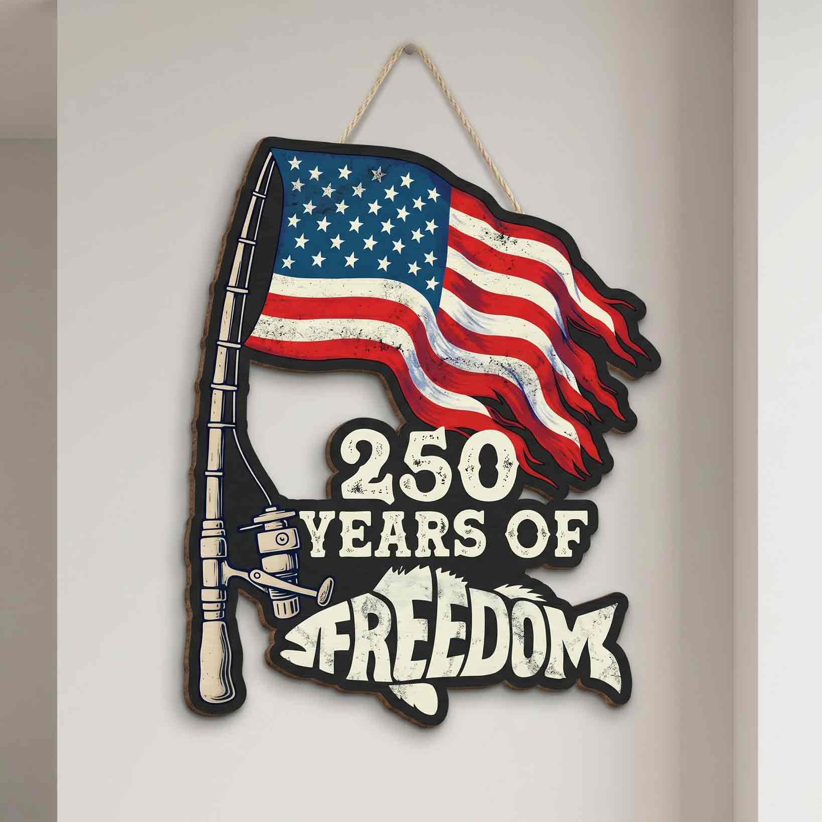 America 250 Years Of Freedom Fishing Wooden Hanging Sign Patriotic Decor