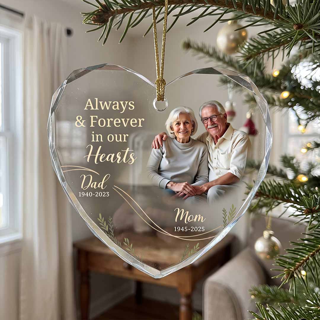 Always And Forever In Our Hearts Dad And Mooriam Tribute Personalized Memorial Custom Name Date Photo Heart Glass Ornament