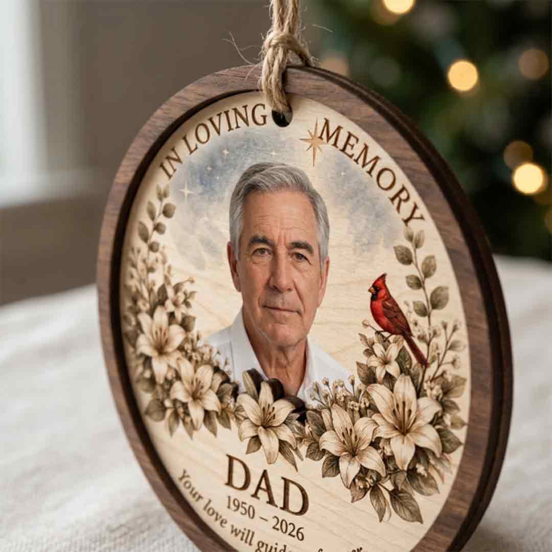 In Loving Memory Dad Floral Portrait Personalized Custom Name Date Photo Memorial 2-Layer Wooden Christmas Ornament Memorial Gift for Loss of Dad