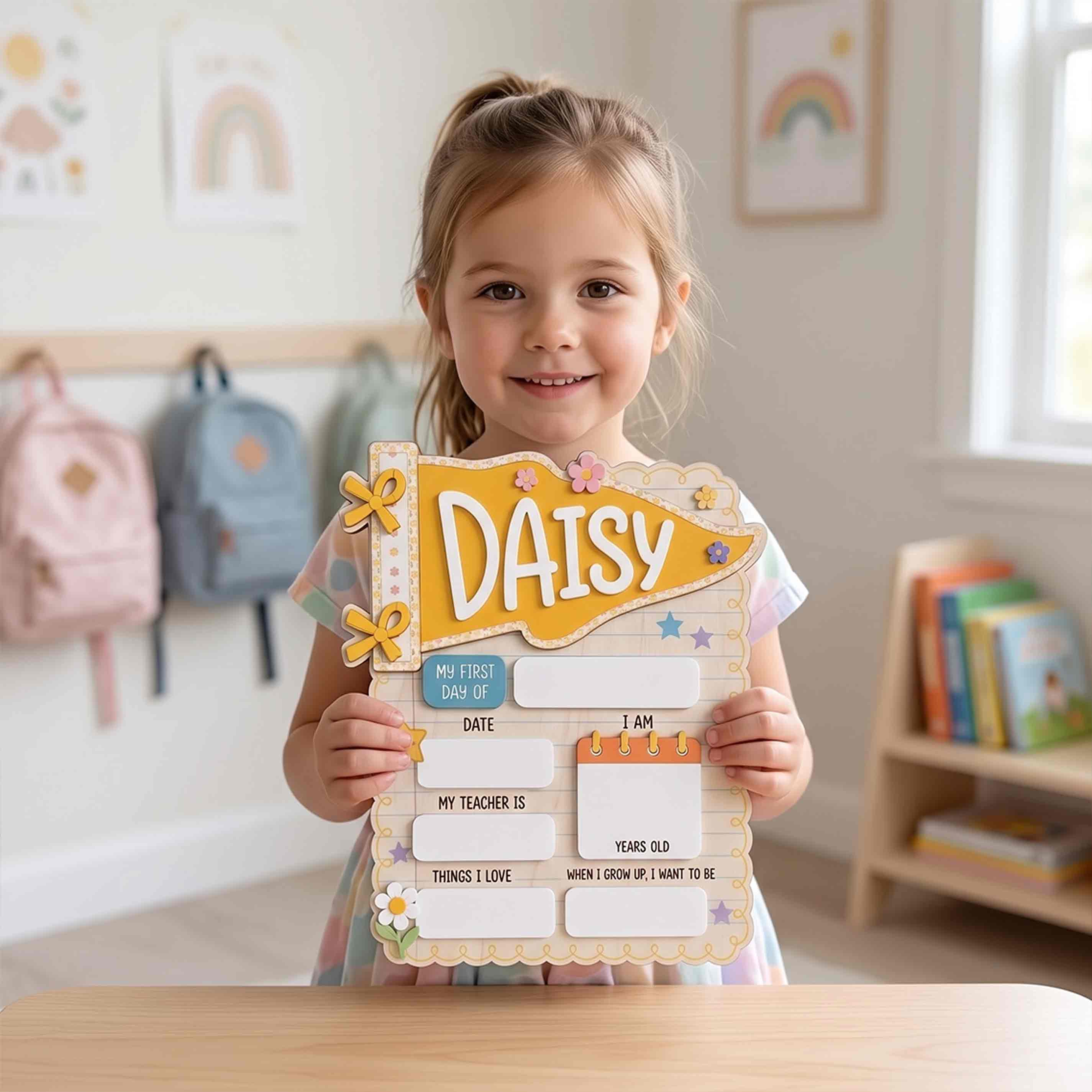 Personalized Yellow Pennant First & Last Day School Sign, Reusable Dry Erase Board, Back to School Sign
