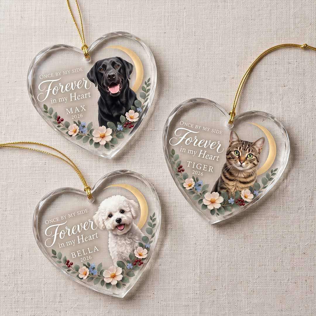 Pet Memorial Crescent Moon Floral Personalized Pet Custom Name Date Photo Pet Loss Gift Heart Glass Christmas Ornament