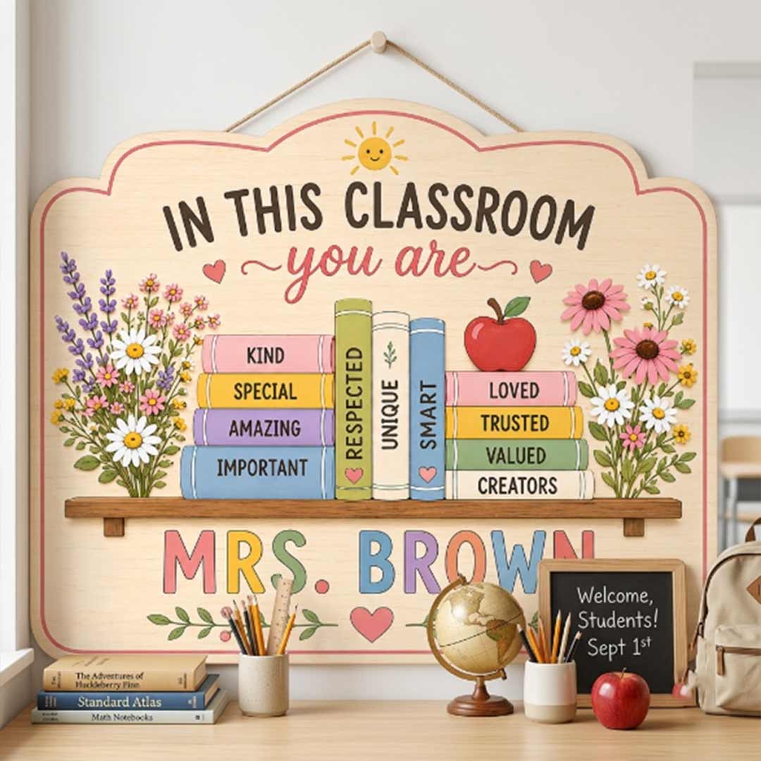 Personalized Flower Bird Teacher Name Wooden Sign Door Hanger Positive Affirmation Teacher Door Hanger Wooden Classroom Decor, Back to School Sign