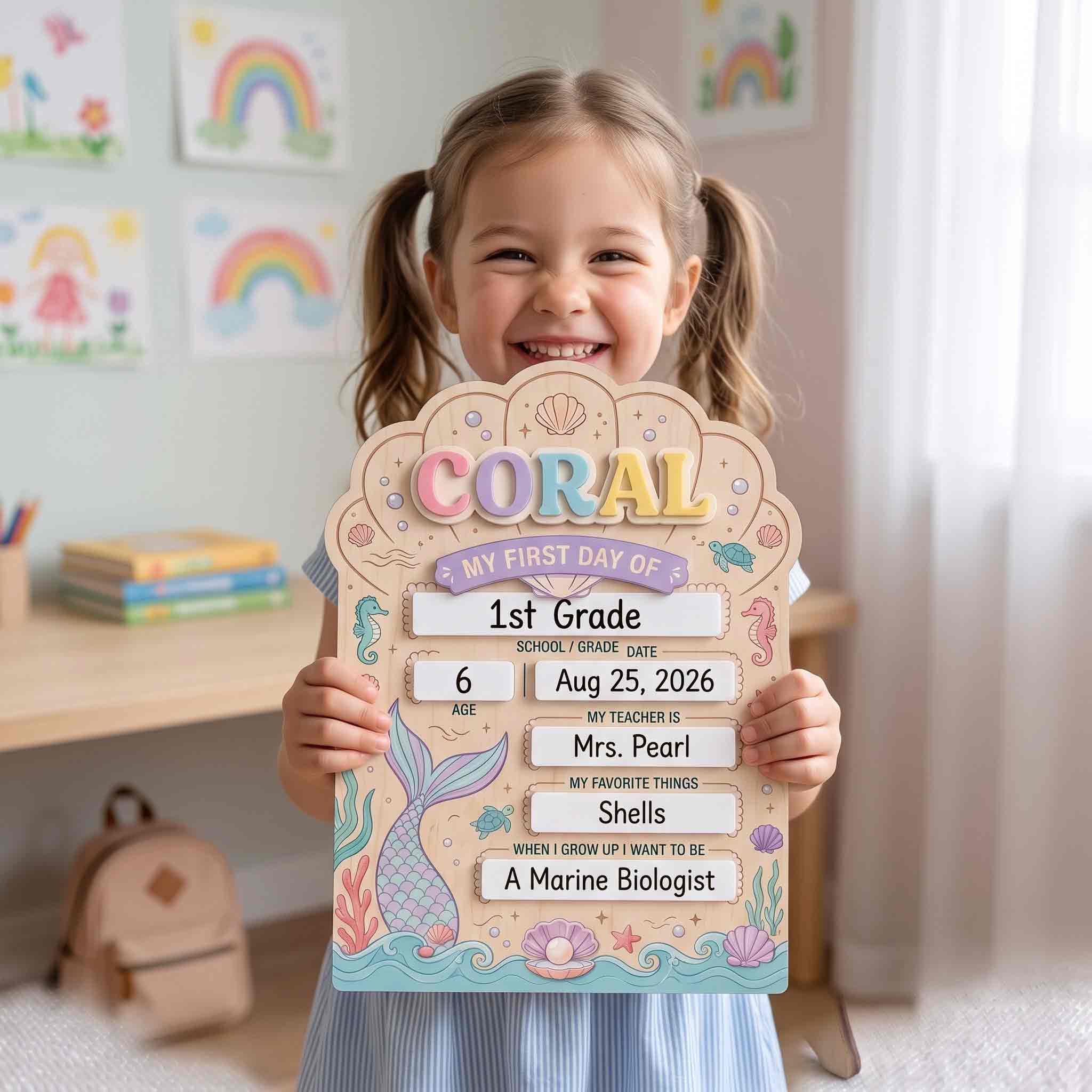 Personalized Mermaid Ocean Theme First & Last Day School Sign, Reusable Dry Erase Board, Back to School Sign