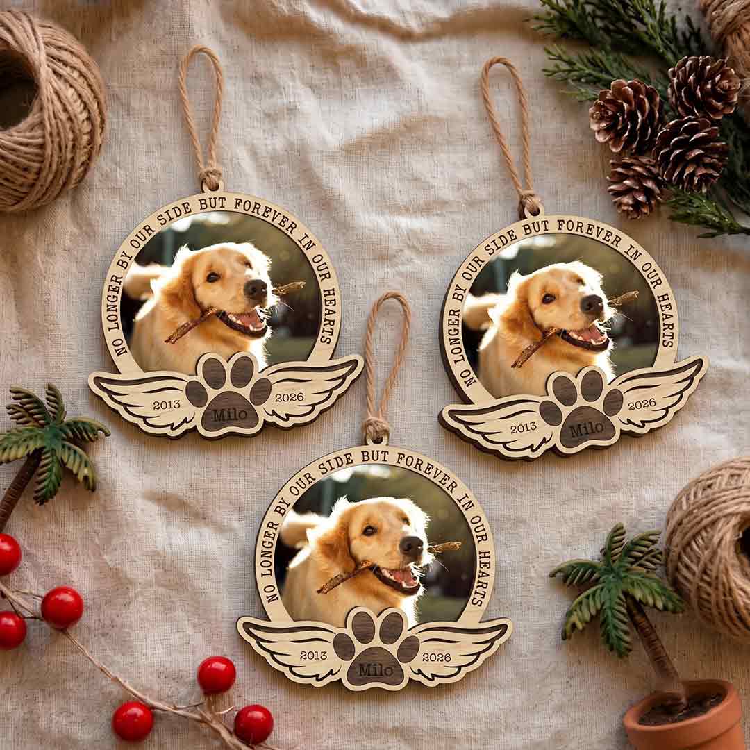 Pet Memorial Angel Wings Paw Custom Name Date Photo Dog 2-Layer Wooden Ornament