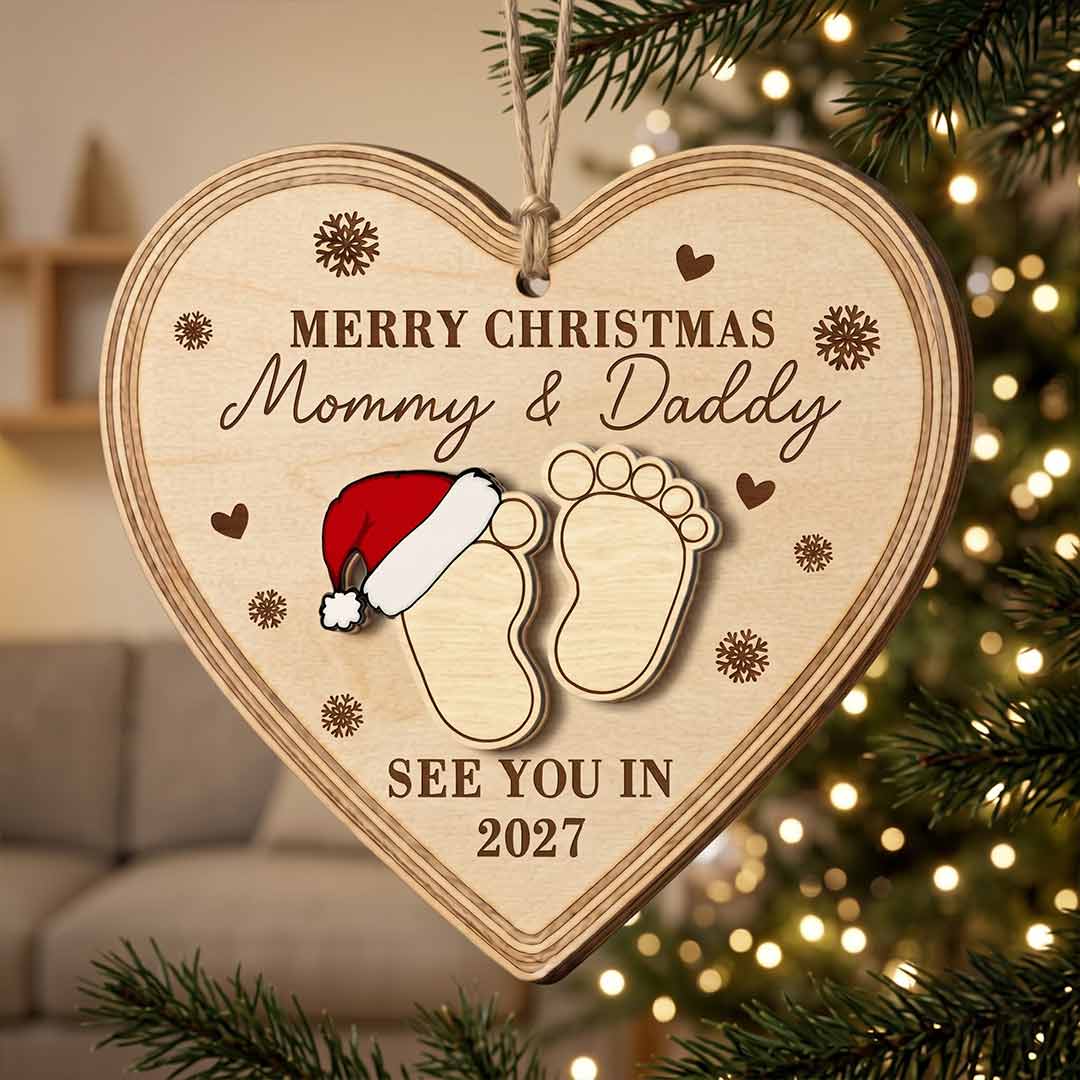 Merry Christmas Mommy and Daddy See You in 2027 Personalized Custom Name Date Newborn 2-Layer Wooden Christmas Ornament for Pregnancy Announcement