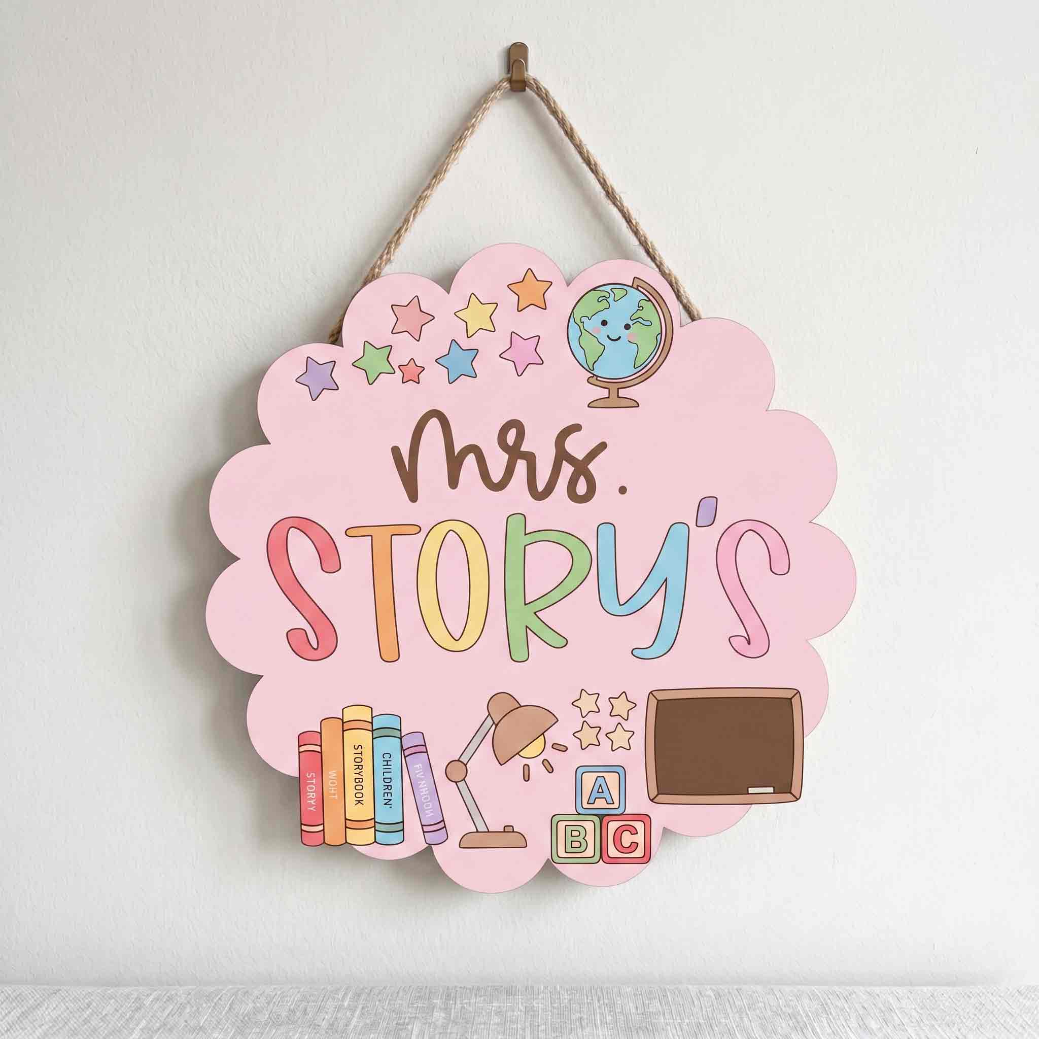 Personalized Pink Classroom Teacher Door Hanger Wooden Sign, Custom Teacher Name Welcome Sign