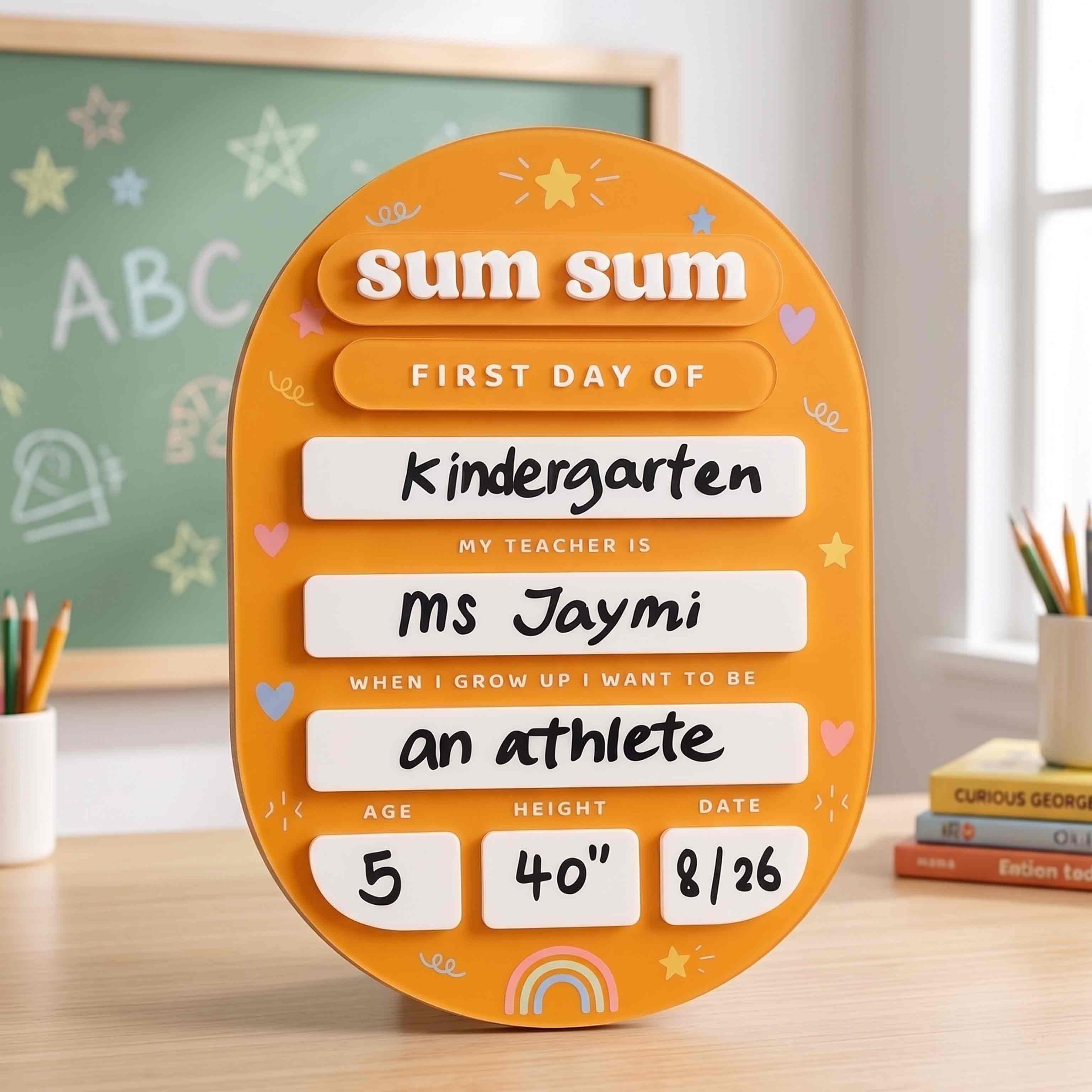 Personalized Orange Rainbow First & Last Day School Board, Reusable Dry Erase Board, Back to School Sign