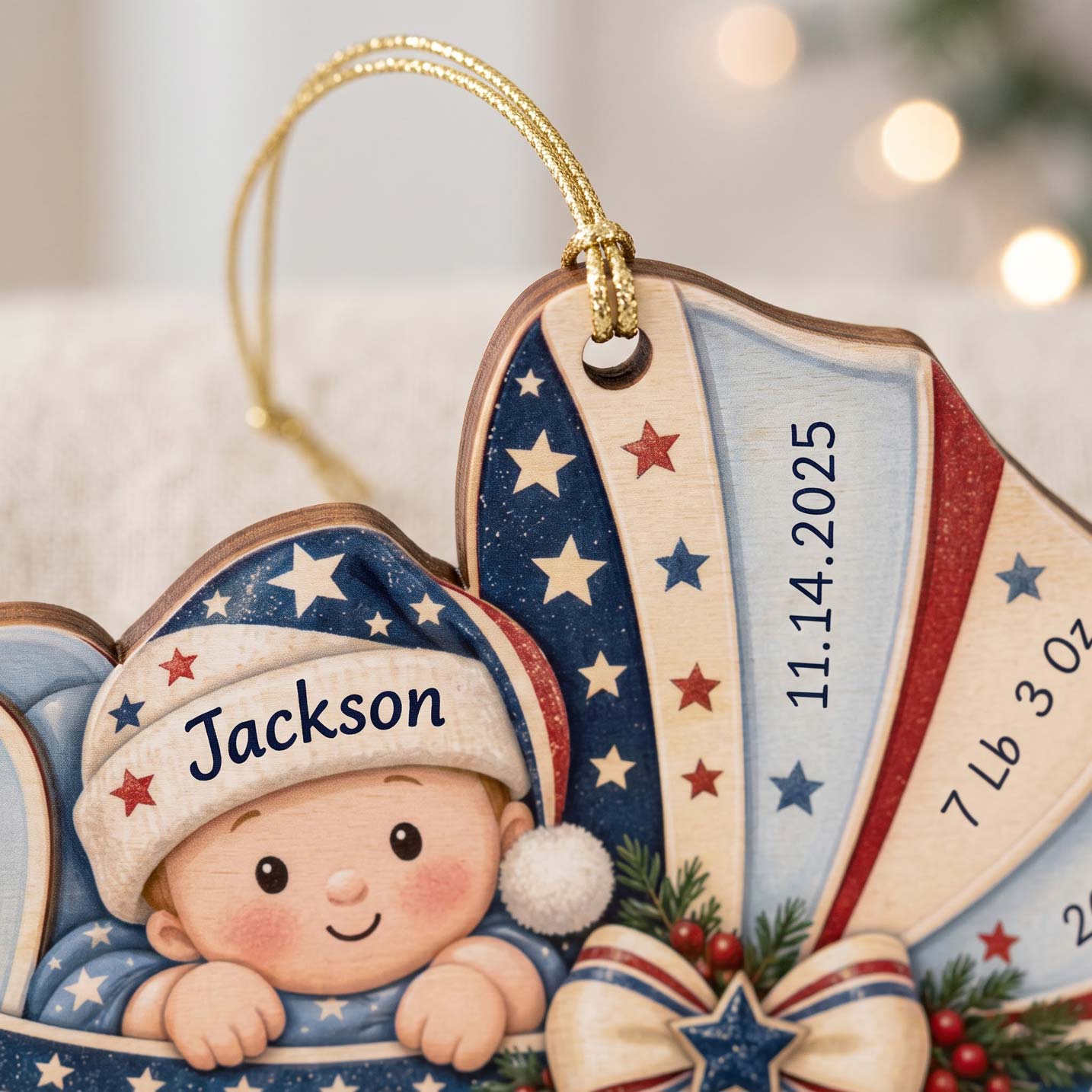 Baby's 1st Christmas America's 250th Year Patriotic Baby Carriage Custom Name Date Weight Length Newborn Wooden Ornament