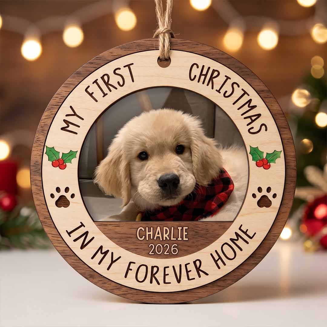 Dog First Christmas Forever Home Puppy Keepsake Personalized Custom Name Date Dog  1-Layer Wooden Christmas Ornament for Dog Lovers Gift