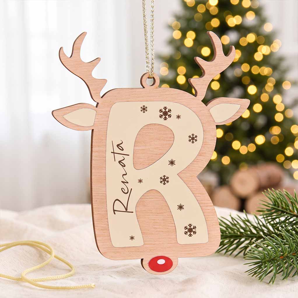 Reindeer Alphabet Christmas Initial Keepsake Personalized Custom Name Initial 1-Layer Wooden Christmas Ornament for Kids Gift