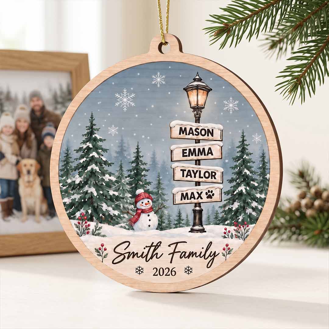 Winter Street Sign 2026 Xmas Holiday Keepsake Personalized Custom Name Date Family 1-Layer Wooden Christmas Ornament for Christmas Gift
