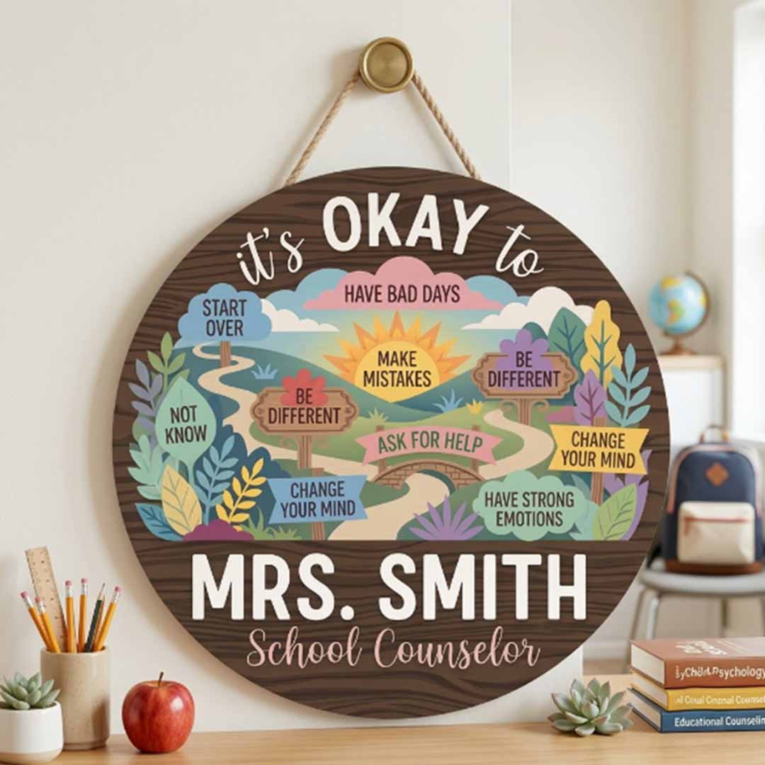 Personalized Teacher Name Wooden Sign Door Hanger It's Okay To Go School Counselor Sign Wooden Classroom Decor, Back to School Sign